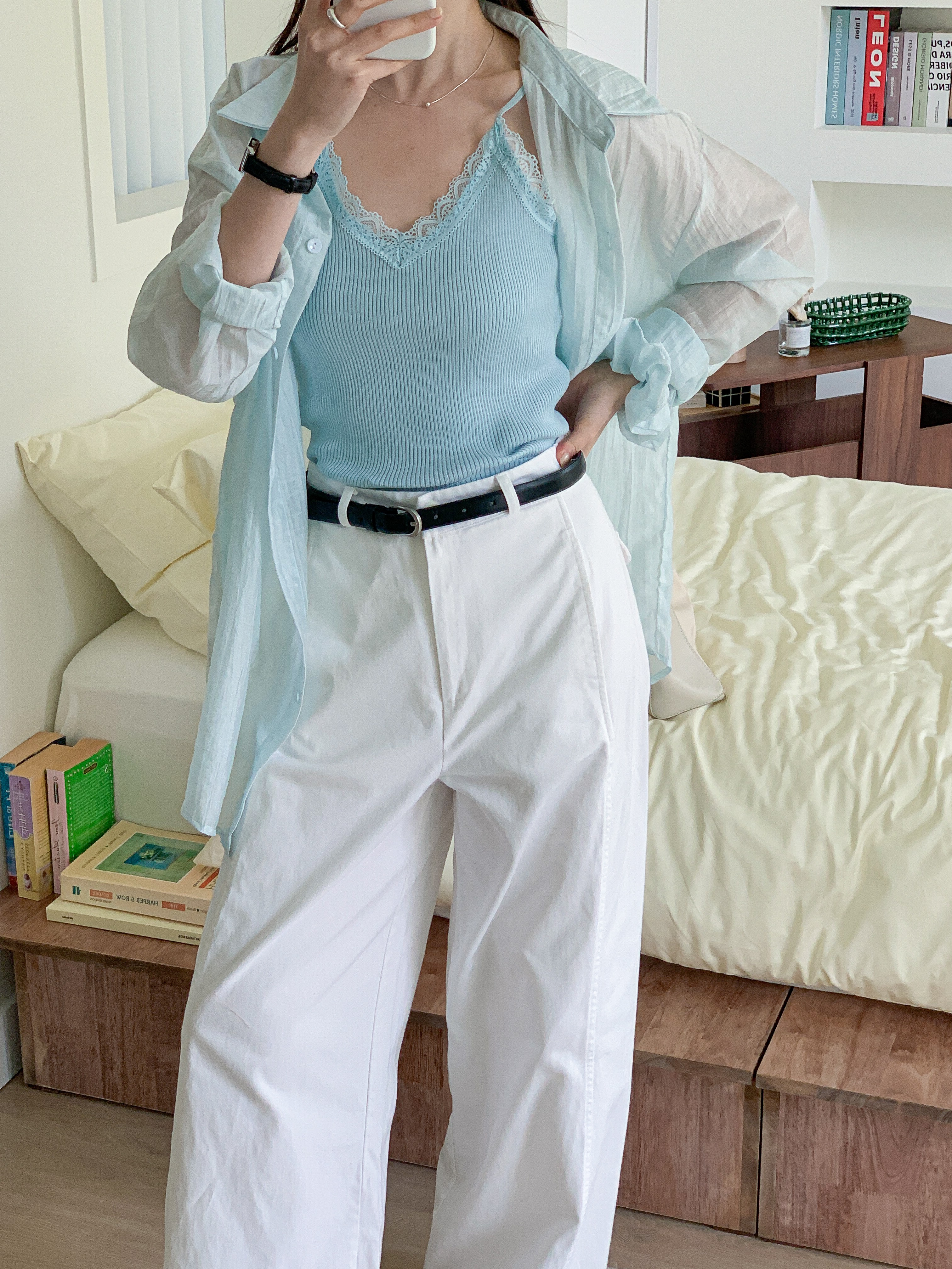 リブレースボタンカラーVネックリンクルルーズ長袖ボタンスリーブドロップショルダー無地ブラウスキャミソールアンサンブルシュシュ付 | 詳細画像11