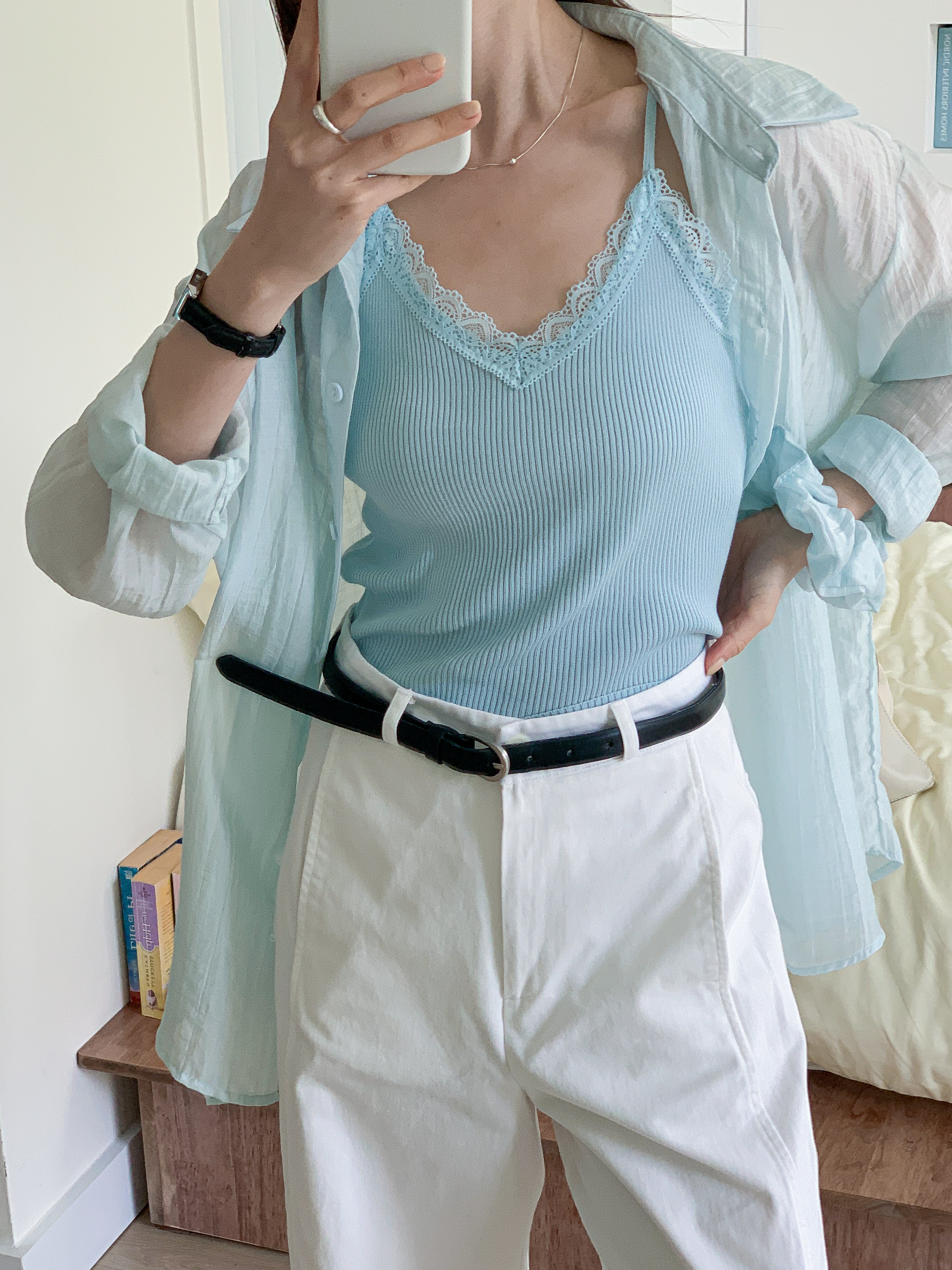 リブレースボタンカラーVネックリンクルルーズ長袖ボタンスリーブドロップショルダー無地ブラウスキャミソールアンサンブルシュシュ付 | 詳細画像21