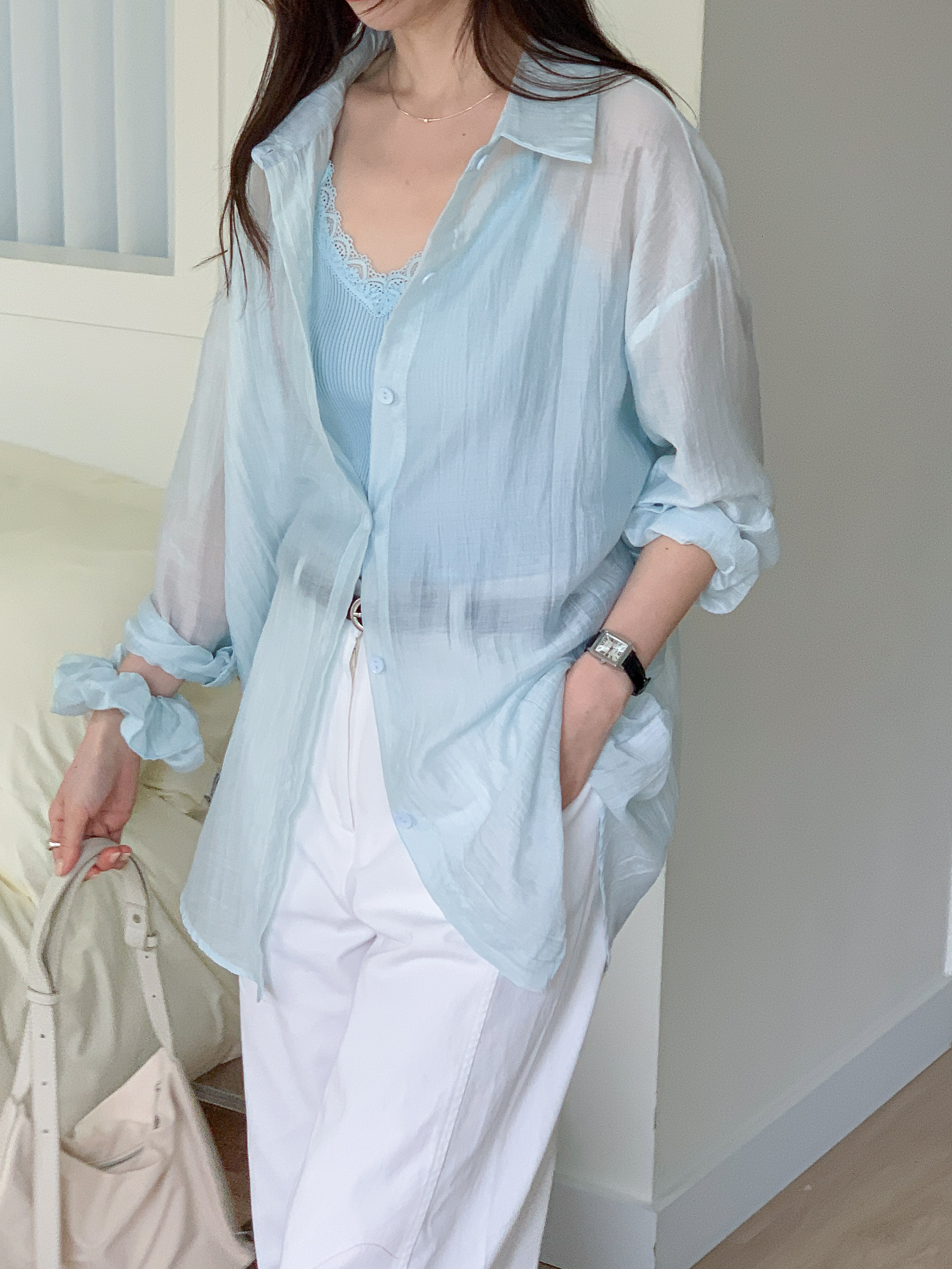 リブレースボタンカラーVネックリンクルルーズ長袖ボタンスリーブドロップショルダー無地ブラウスキャミソールアンサンブルシュシュ付 | 詳細画像22