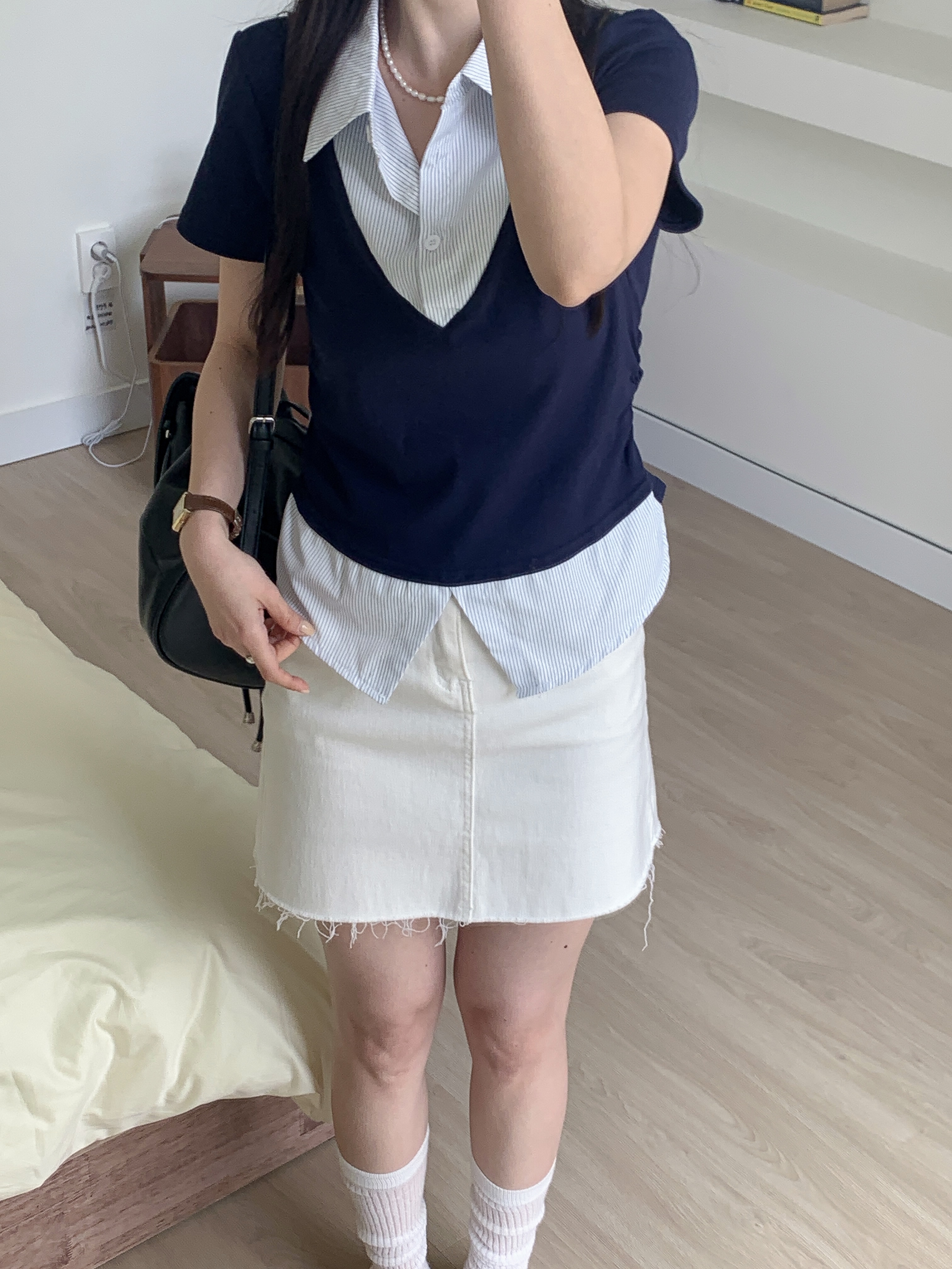 コンビカラースリムレイヤード風ハーフボタン半袖ストライプブラウス | 詳細画像4