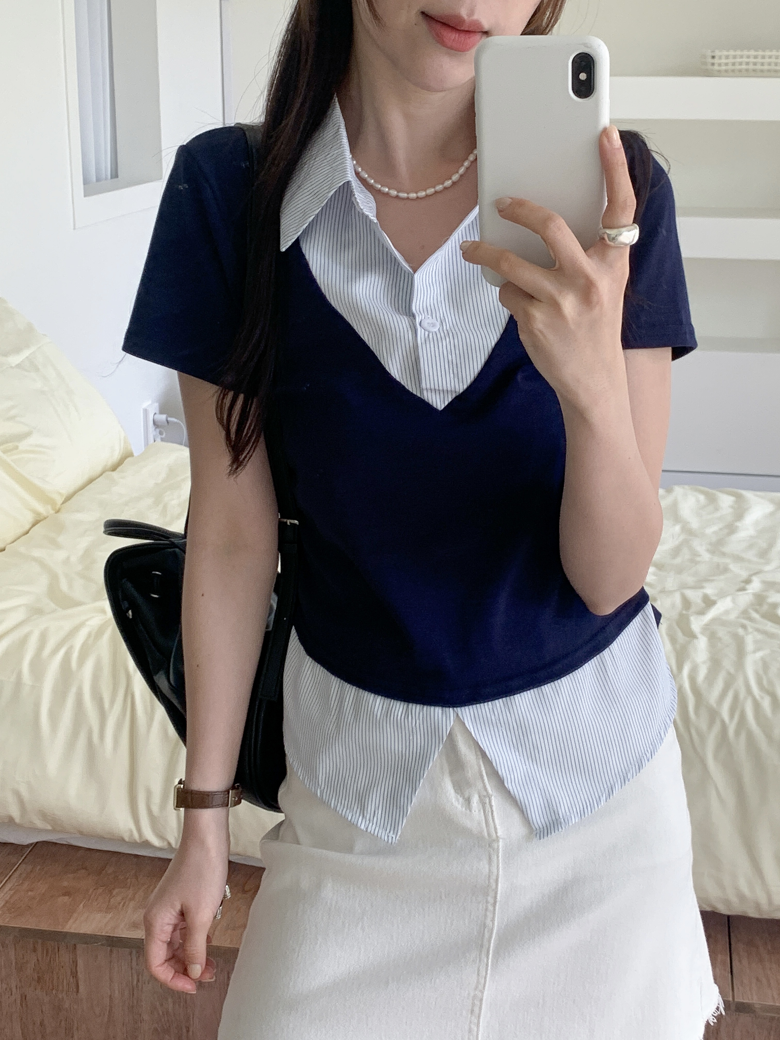 コンビカラースリムレイヤード風ハーフボタン半袖ストライプブラウス | 詳細画像5