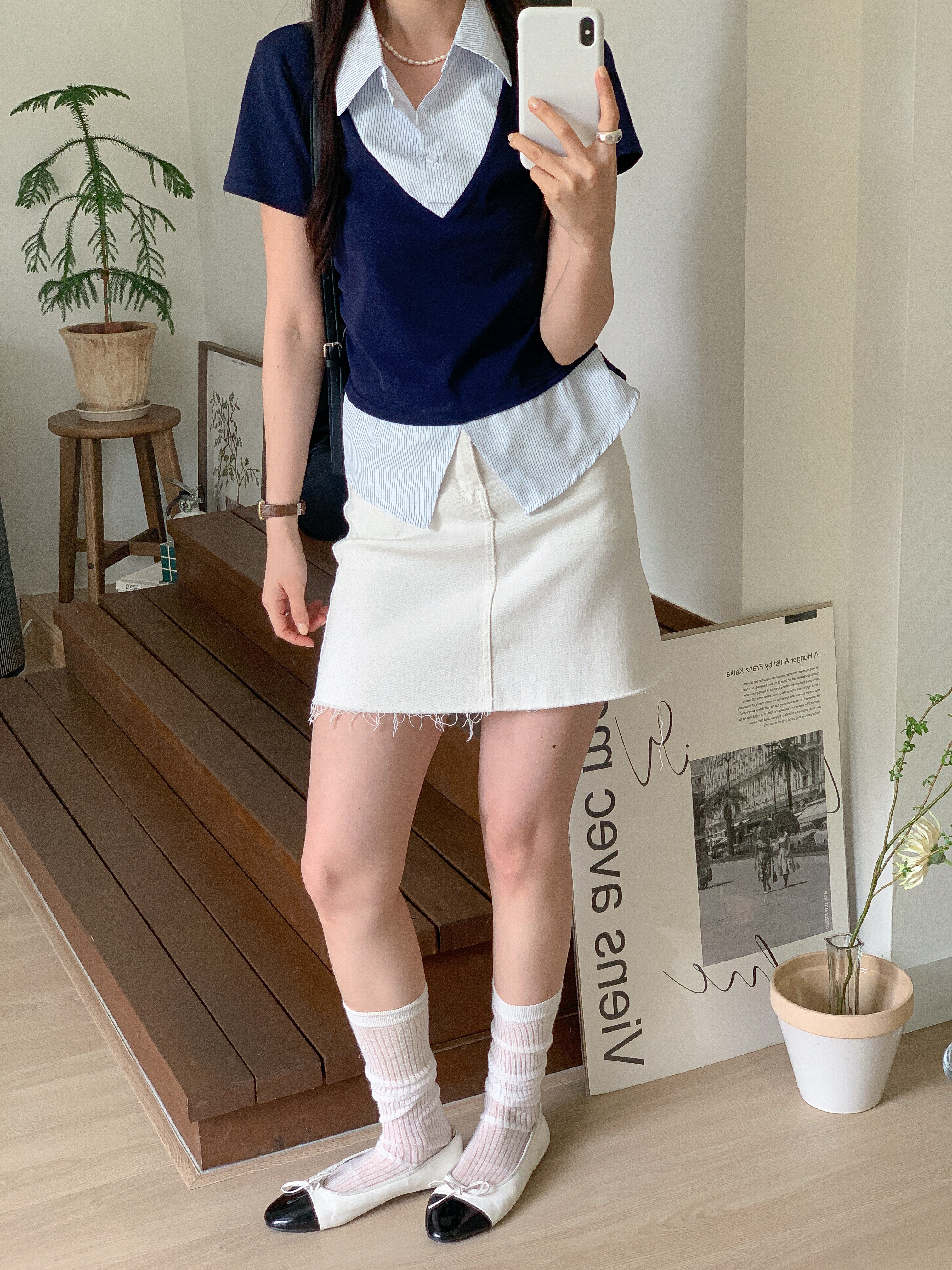 コンビカラースリムレイヤード風ハーフボタン半袖ストライプブラウス | 詳細画像7