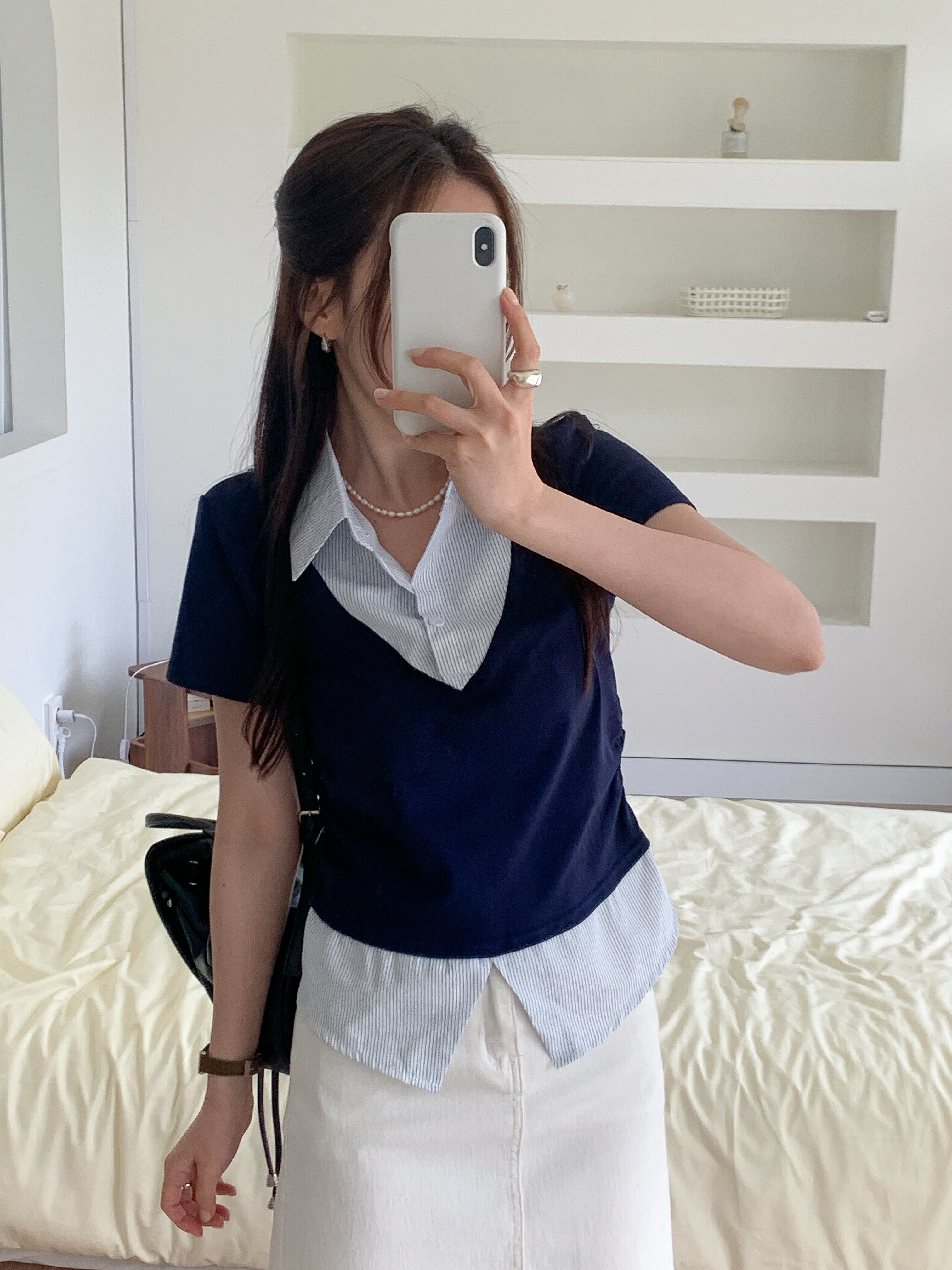 コンビカラースリムレイヤード風ハーフボタン半袖ストライプブラウス | 詳細画像8