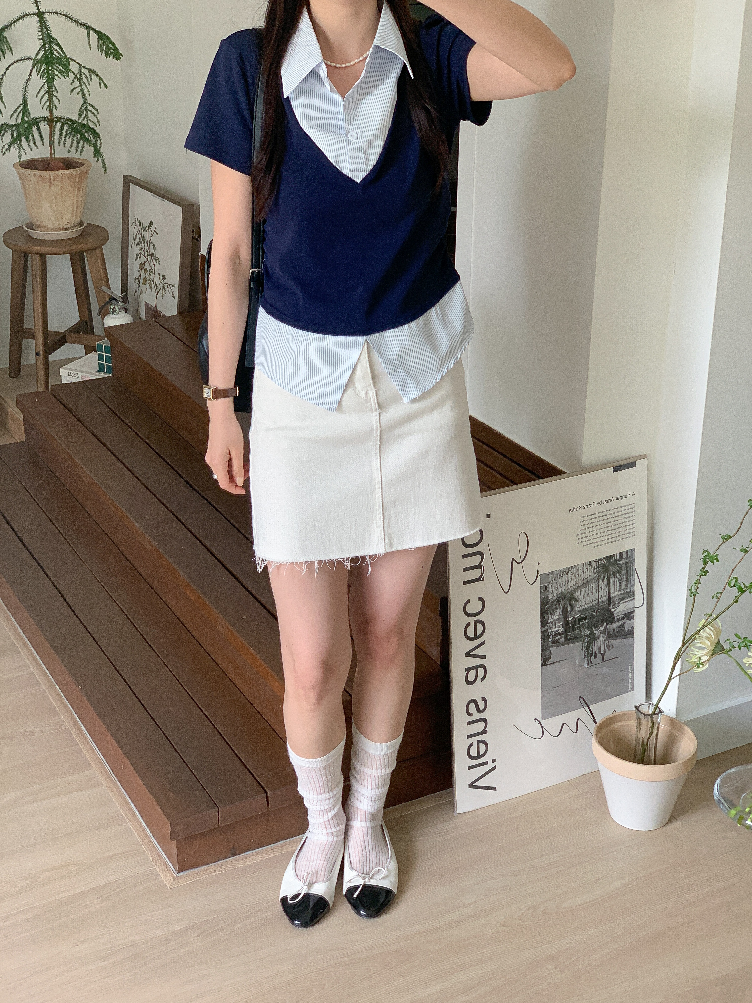 コンビカラースリムレイヤード風ハーフボタン半袖ストライプブラウス | 詳細画像10