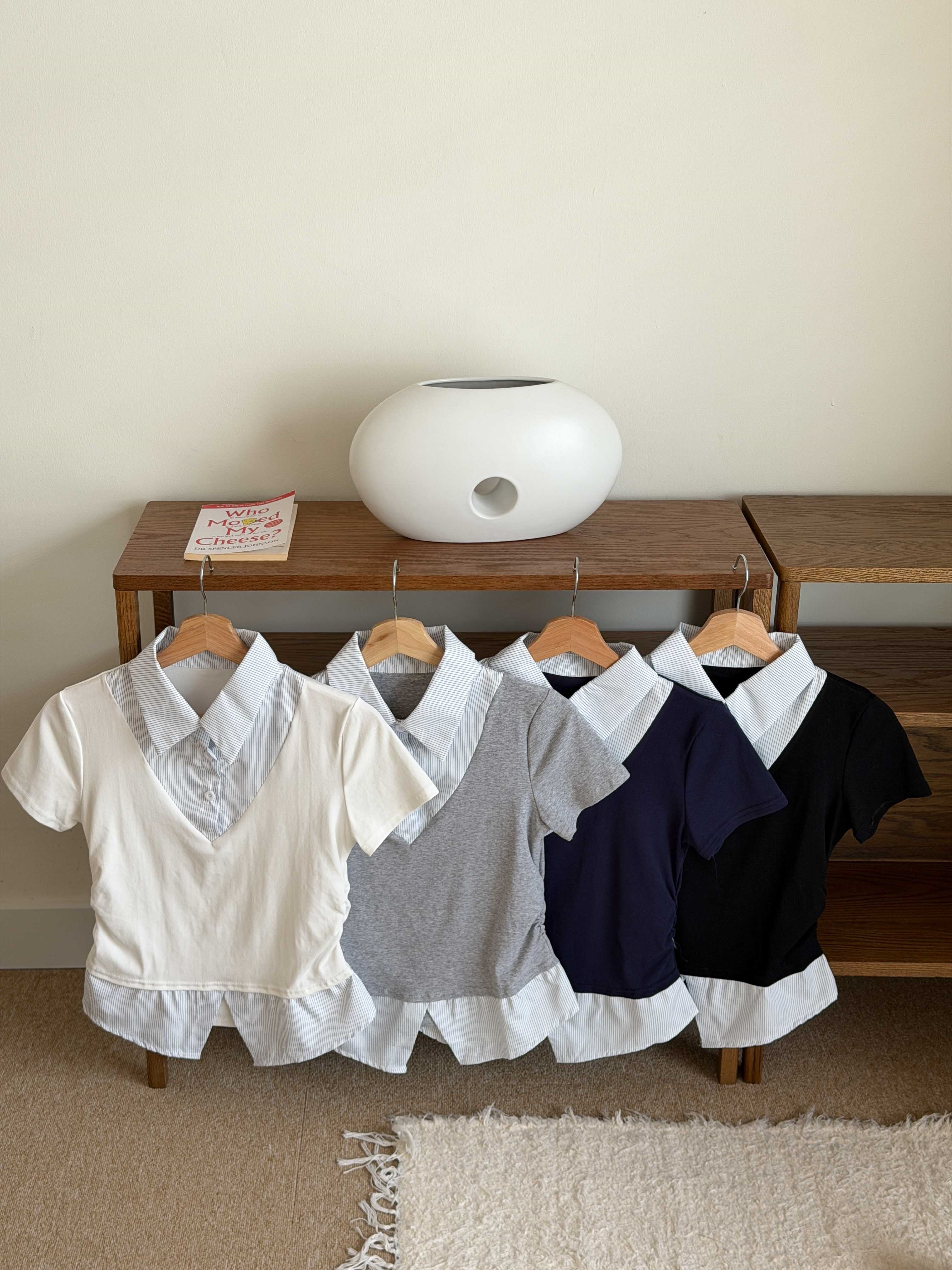 コンビカラースリムレイヤード風ハーフボタン半袖ストライプブラウス | 詳細画像21