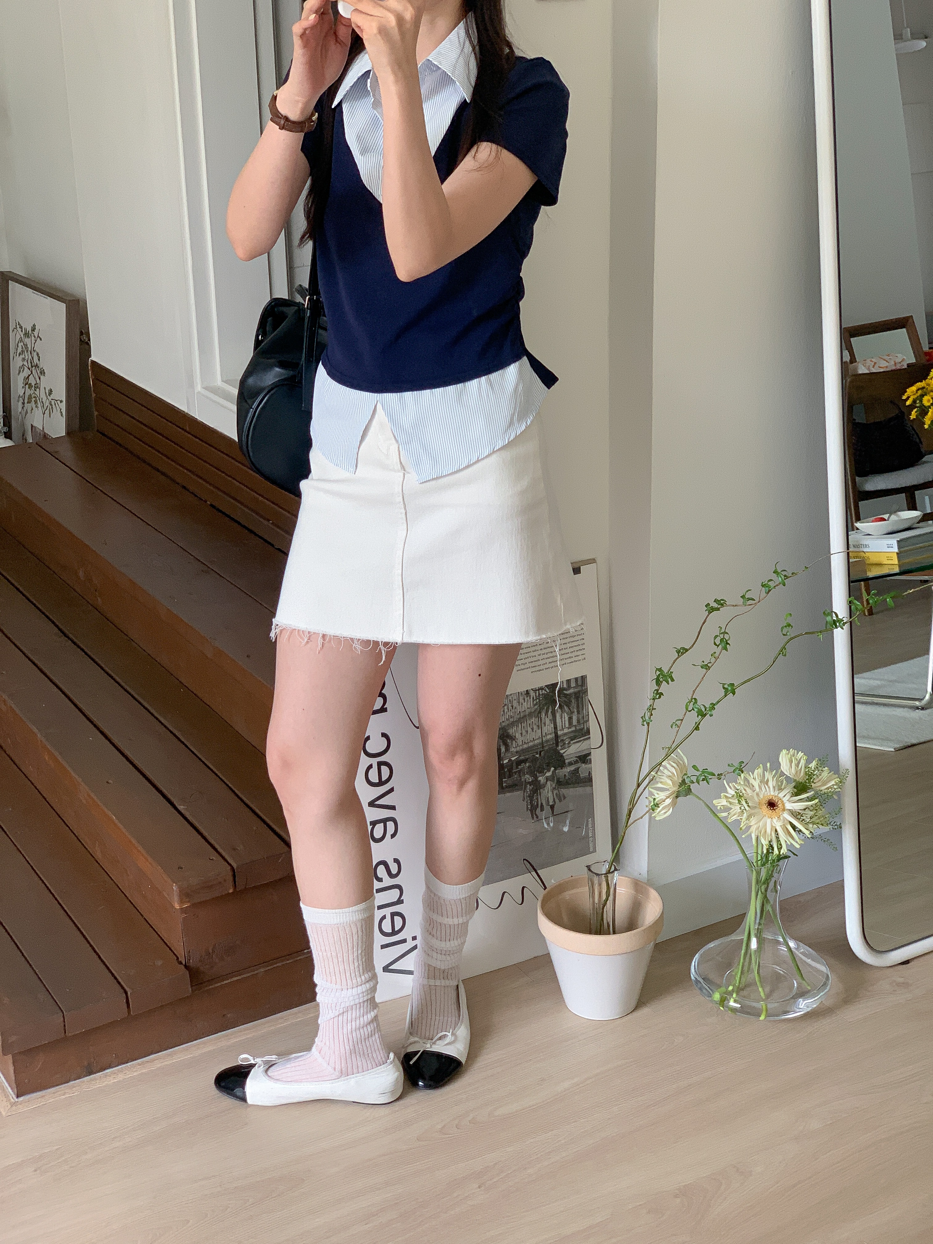 コンビカラースリムレイヤード風ハーフボタン半袖ストライプブラウス | 詳細画像12