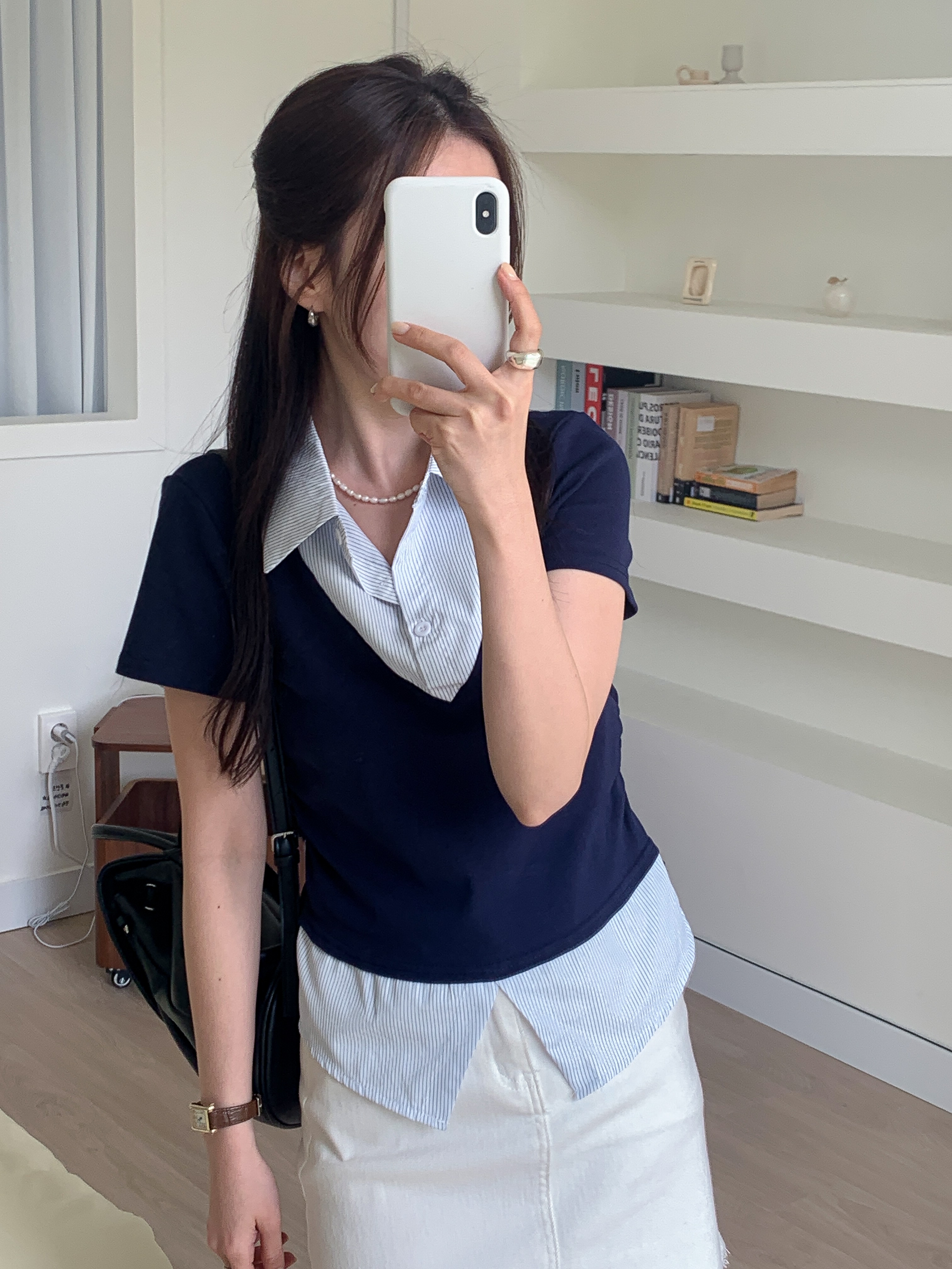 コンビカラースリムレイヤード風ハーフボタン半袖ストライプブラウス | 詳細画像13