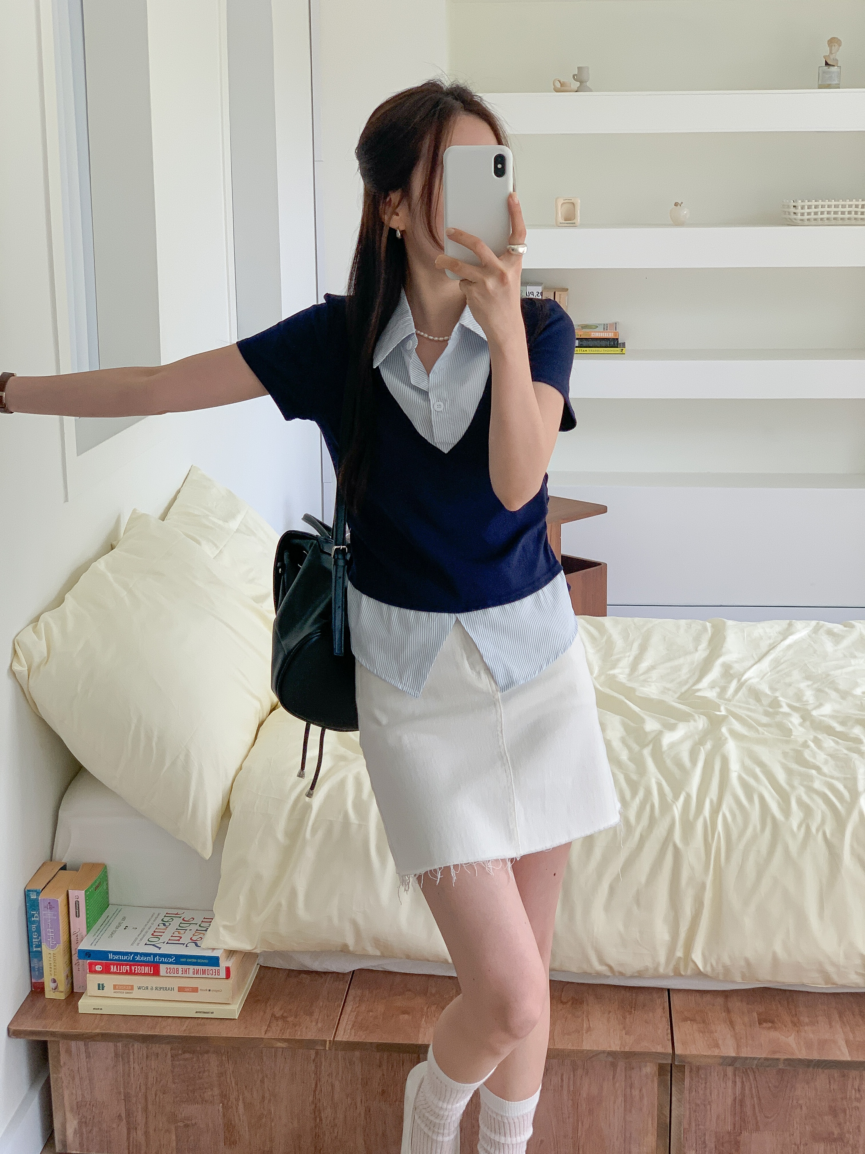 コンビカラースリムレイヤード風ハーフボタン半袖ストライプブラウス | 詳細画像16