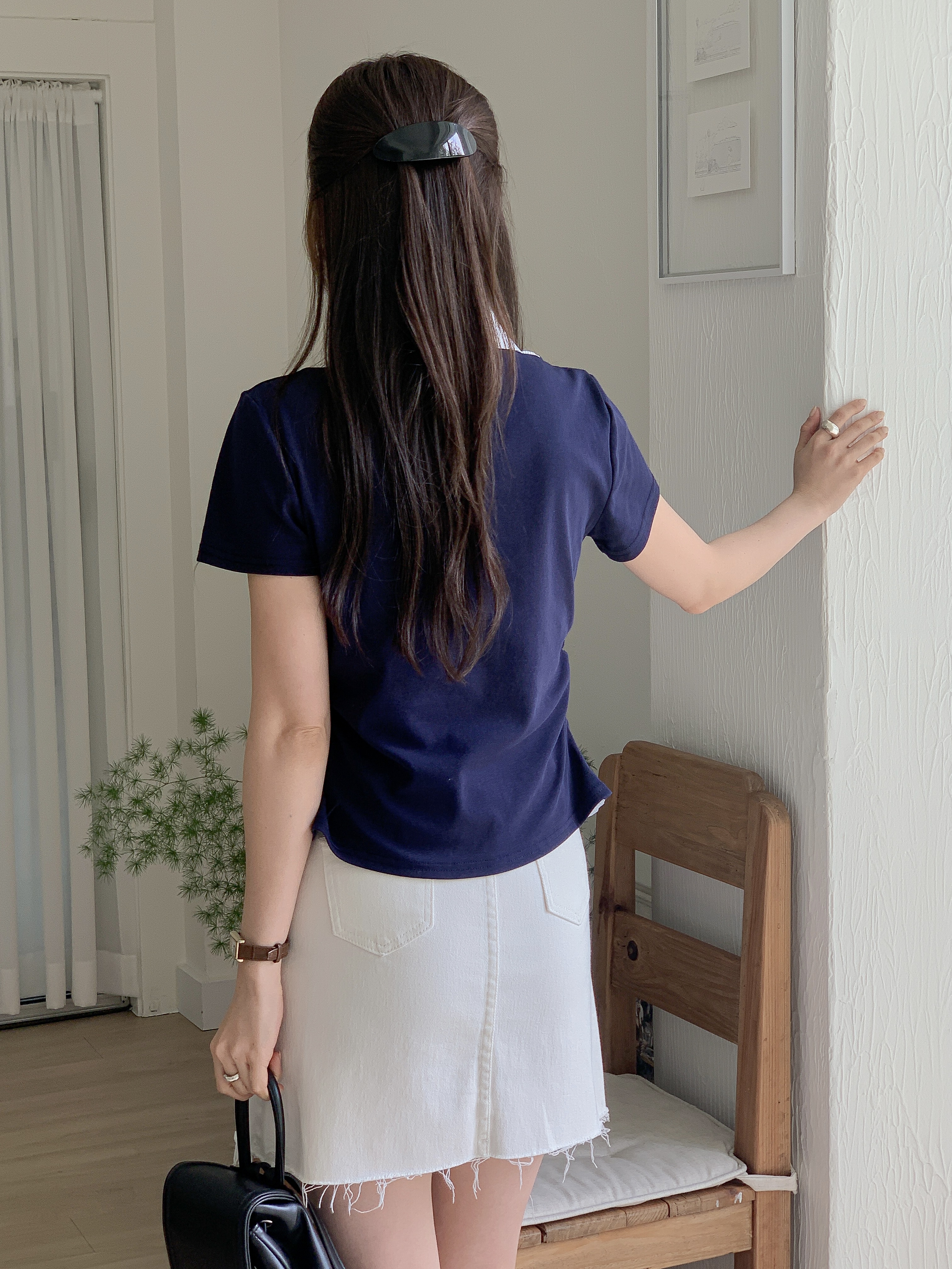 コンビカラースリムレイヤード風ハーフボタン半袖ストライプブラウス | 詳細画像20