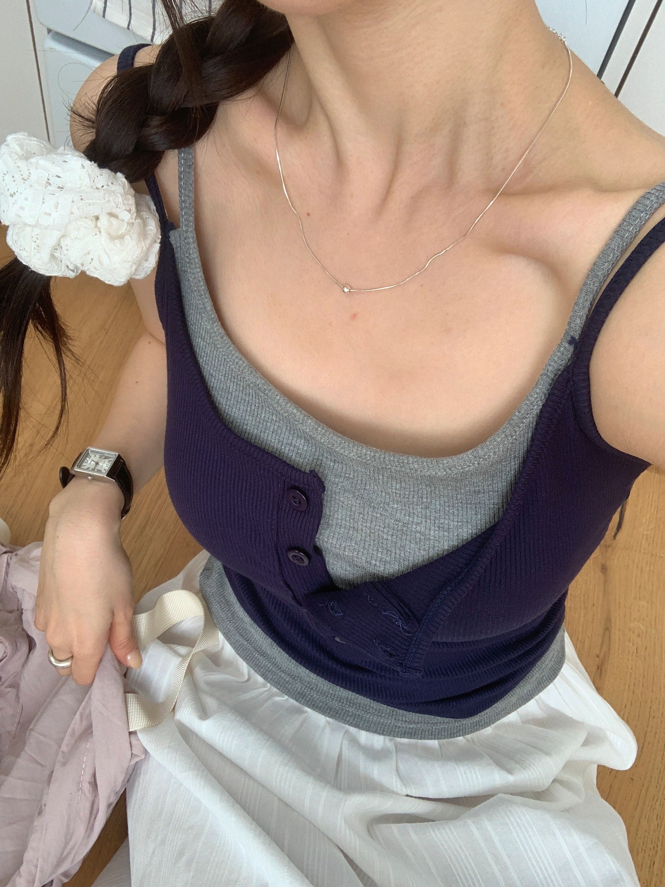 リブラウンドネッククロップドスリムレイヤード風ハーフボタンワイドネック配色キャミソールカップ付 | 詳細画像8