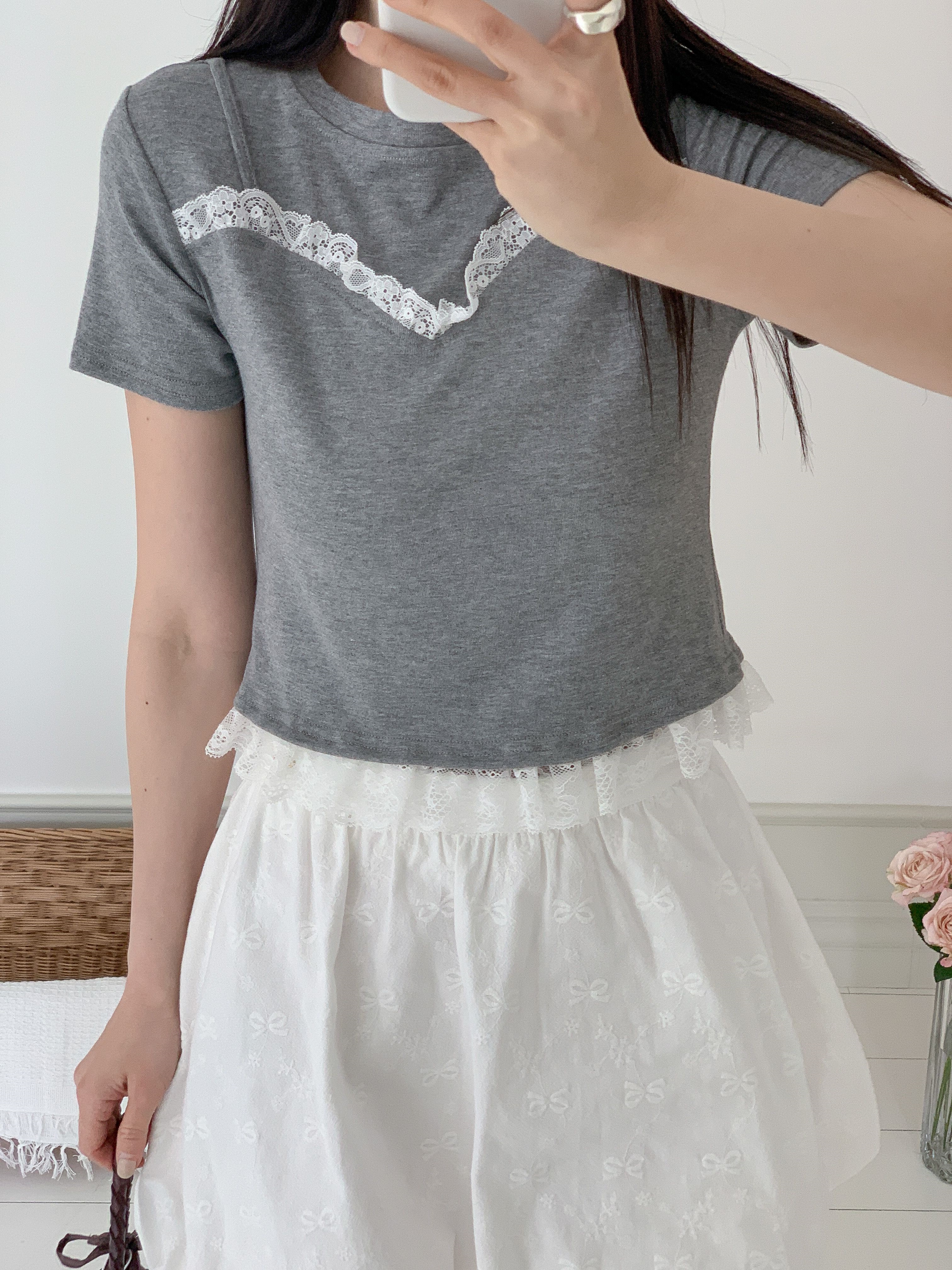 リネン混ラウンドネックフリルレイヤード風半袖レースTシャツ | 詳細画像6