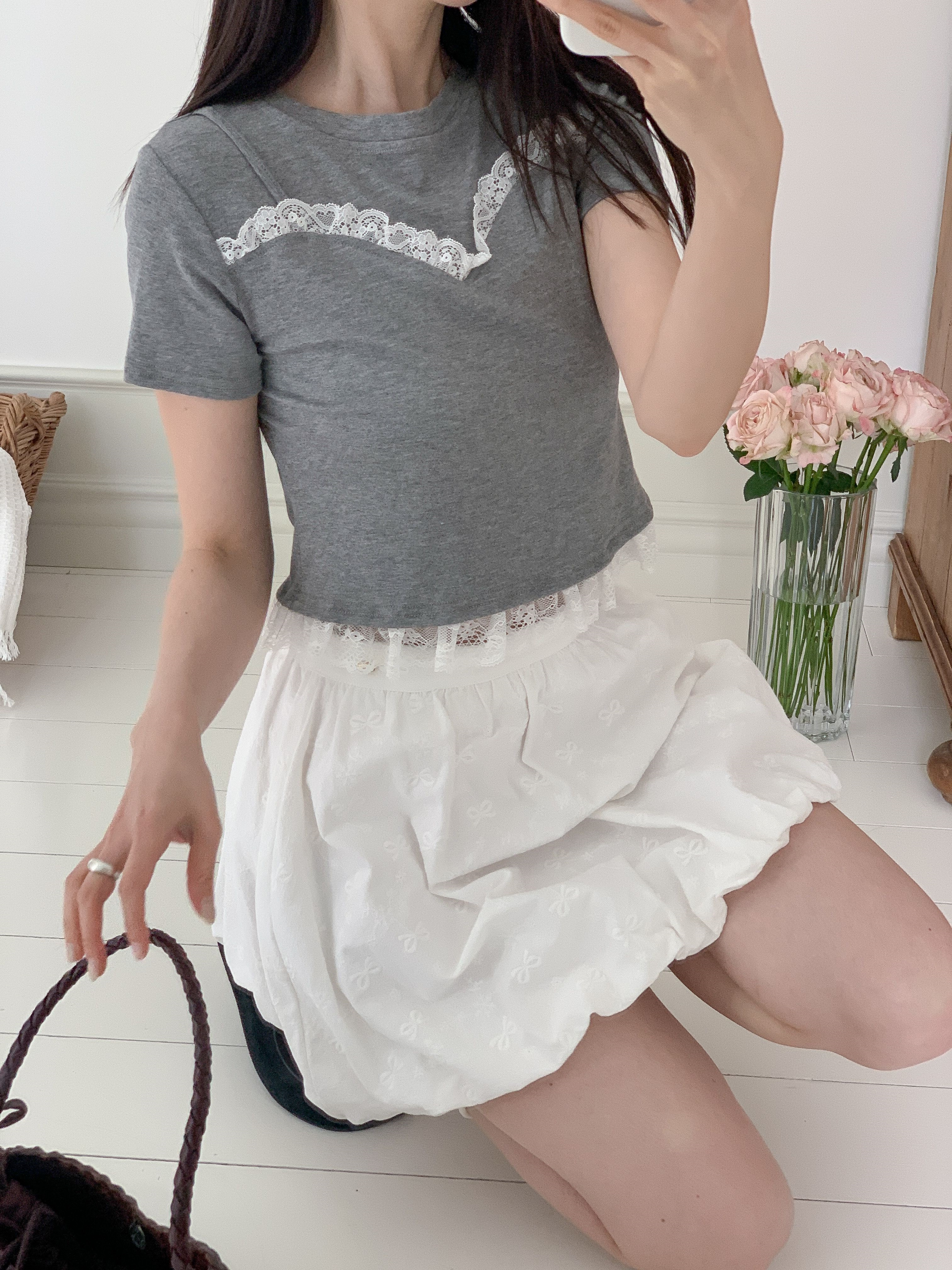 リネン混ラウンドネックフリルレイヤード風半袖レースTシャツ | 詳細画像7