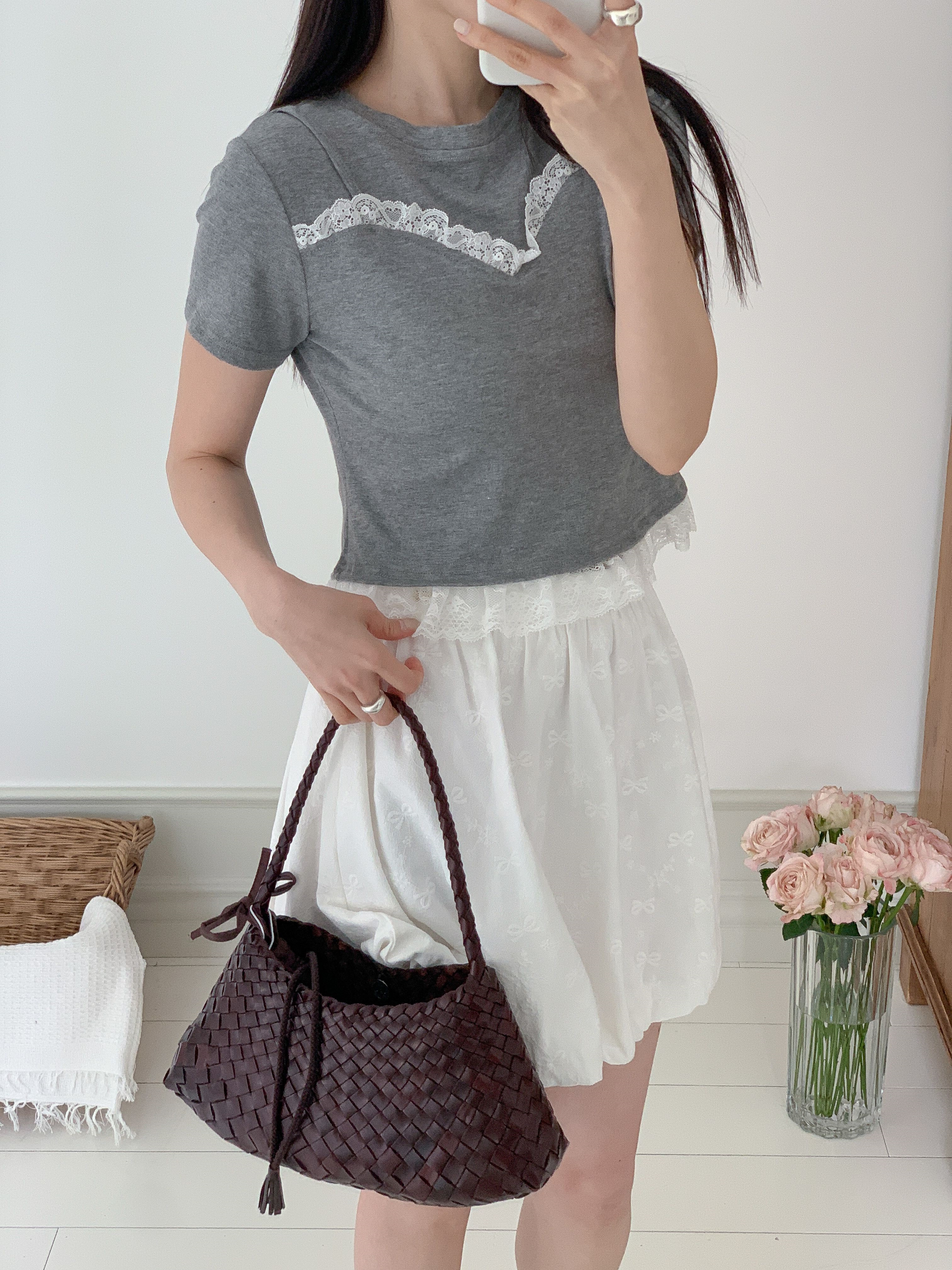 リネン混ラウンドネックフリルレイヤード風半袖レースTシャツ | 詳細画像9