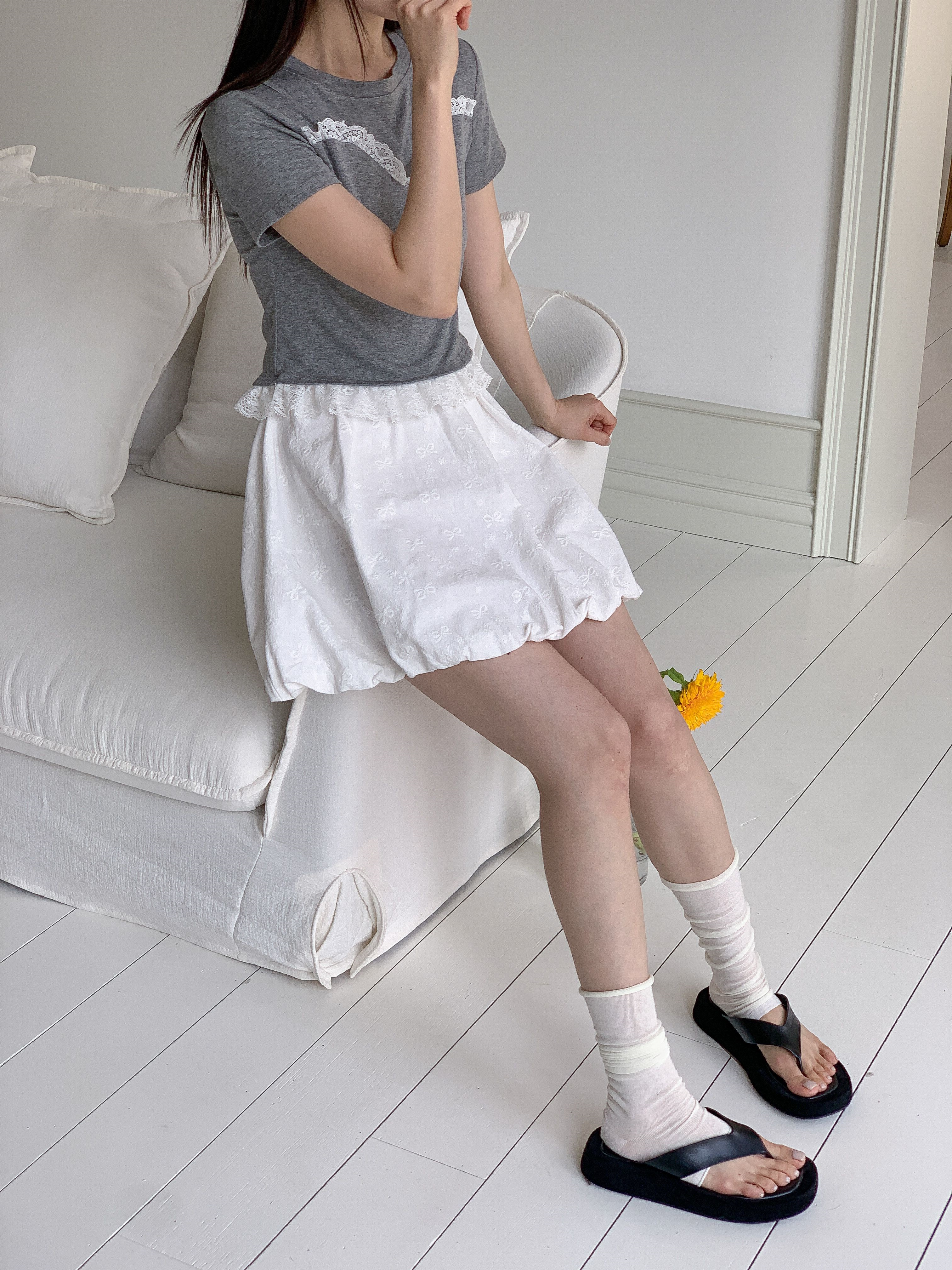 リネン混ラウンドネックフリルレイヤード風半袖レースTシャツ | 詳細画像11
