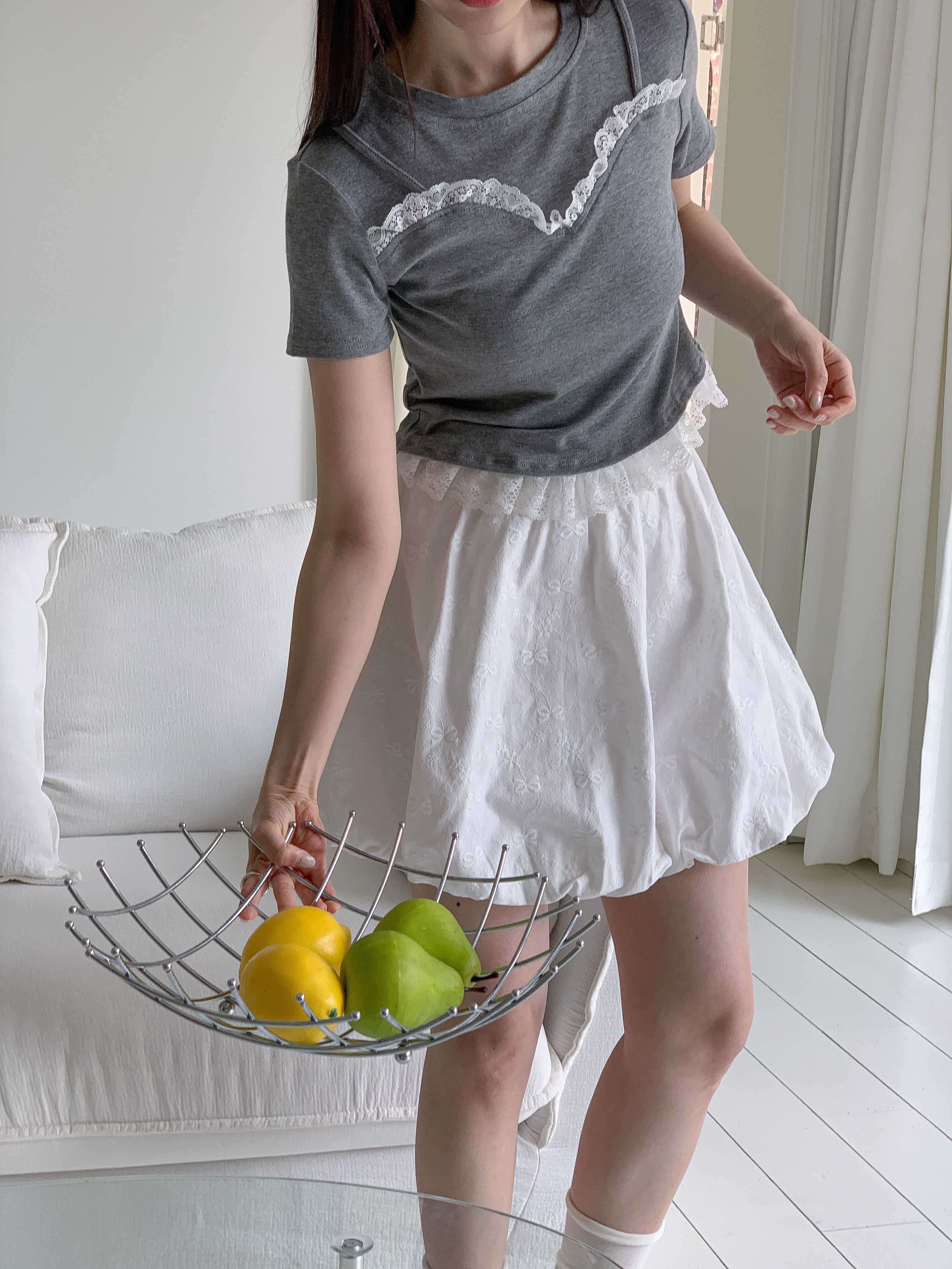 リネン混ラウンドネックフリルレイヤード風半袖レースTシャツ | 詳細画像13