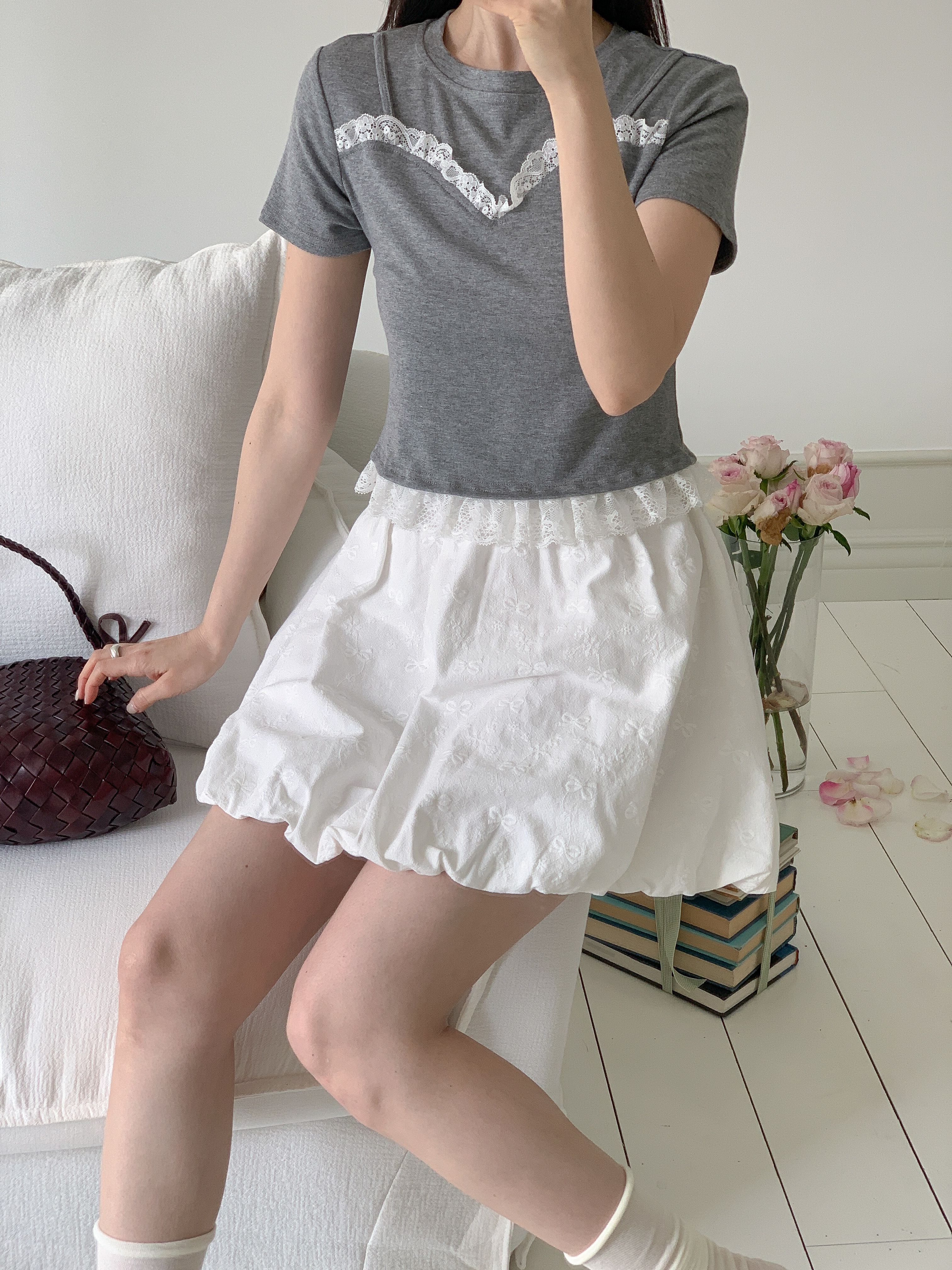 リネン混ラウンドネックフリルレイヤード風半袖レースTシャツ | 詳細画像15