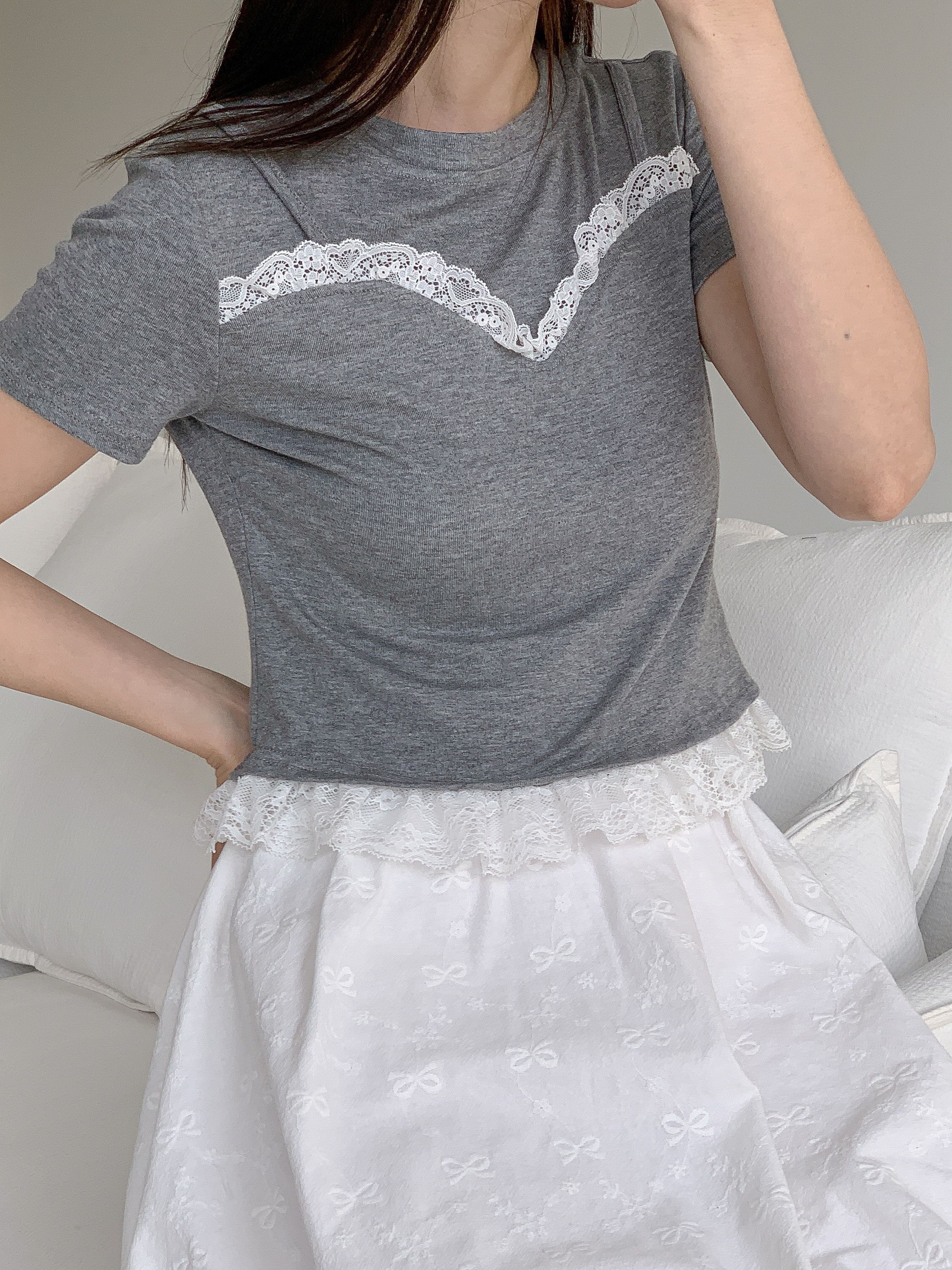リネン混ラウンドネックフリルレイヤード風半袖レースTシャツ | 詳細画像20