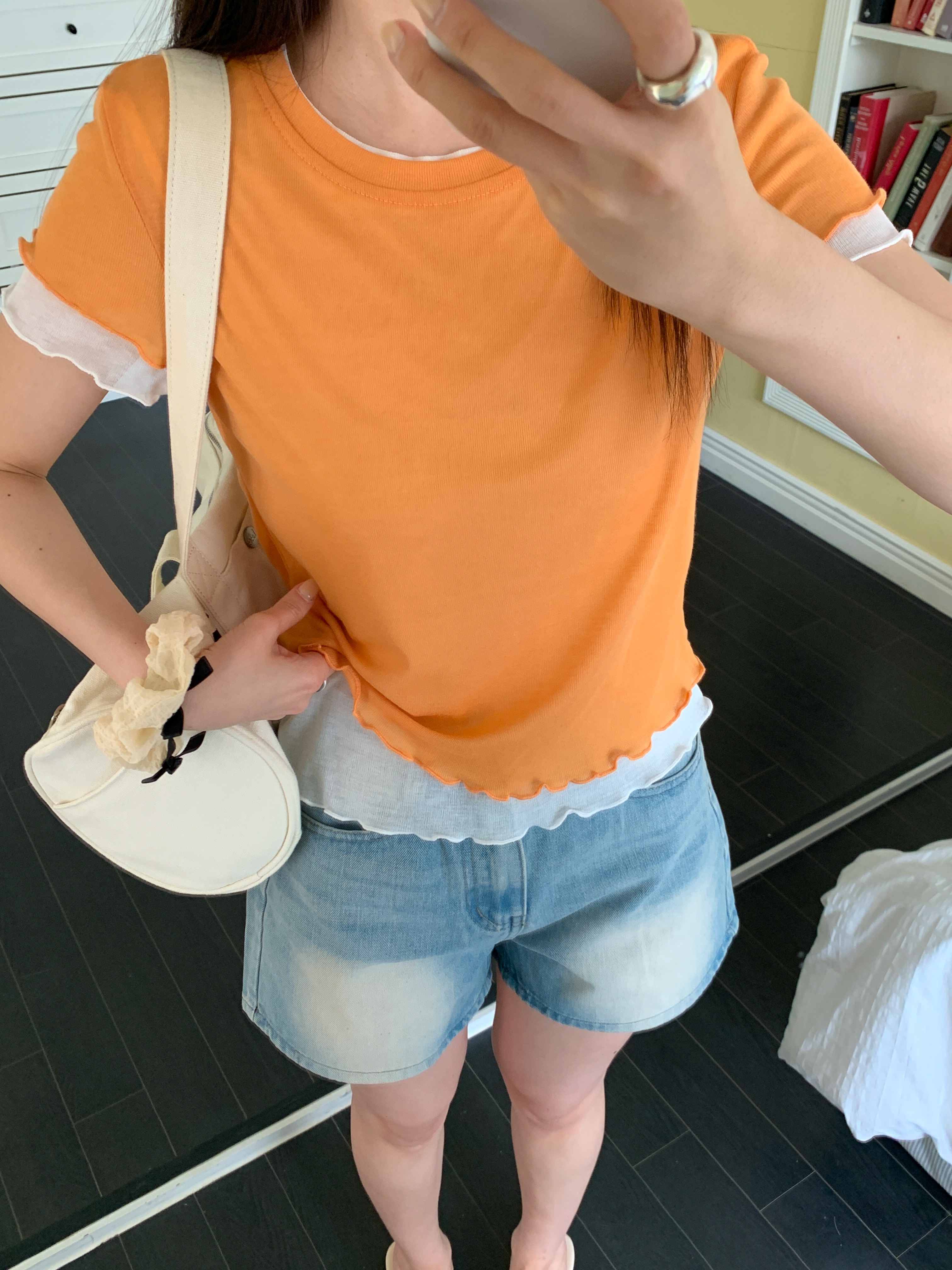 ラウンドネックメロウレイヤード風ルーズアンバランス半袖配色Tシャツ | 詳細画像12