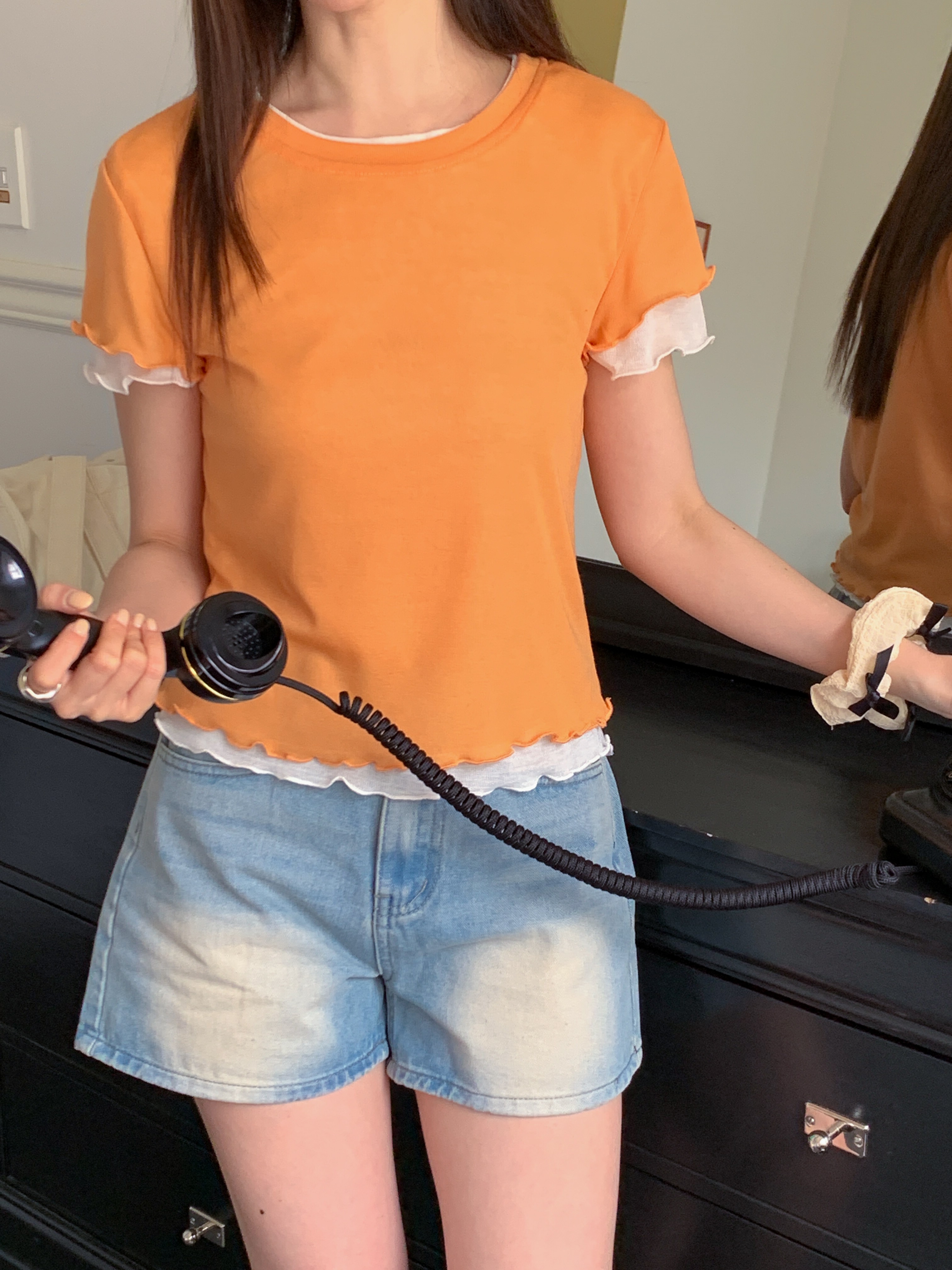 ラウンドネックメロウレイヤード風ルーズアンバランス半袖配色Tシャツ | 詳細画像14