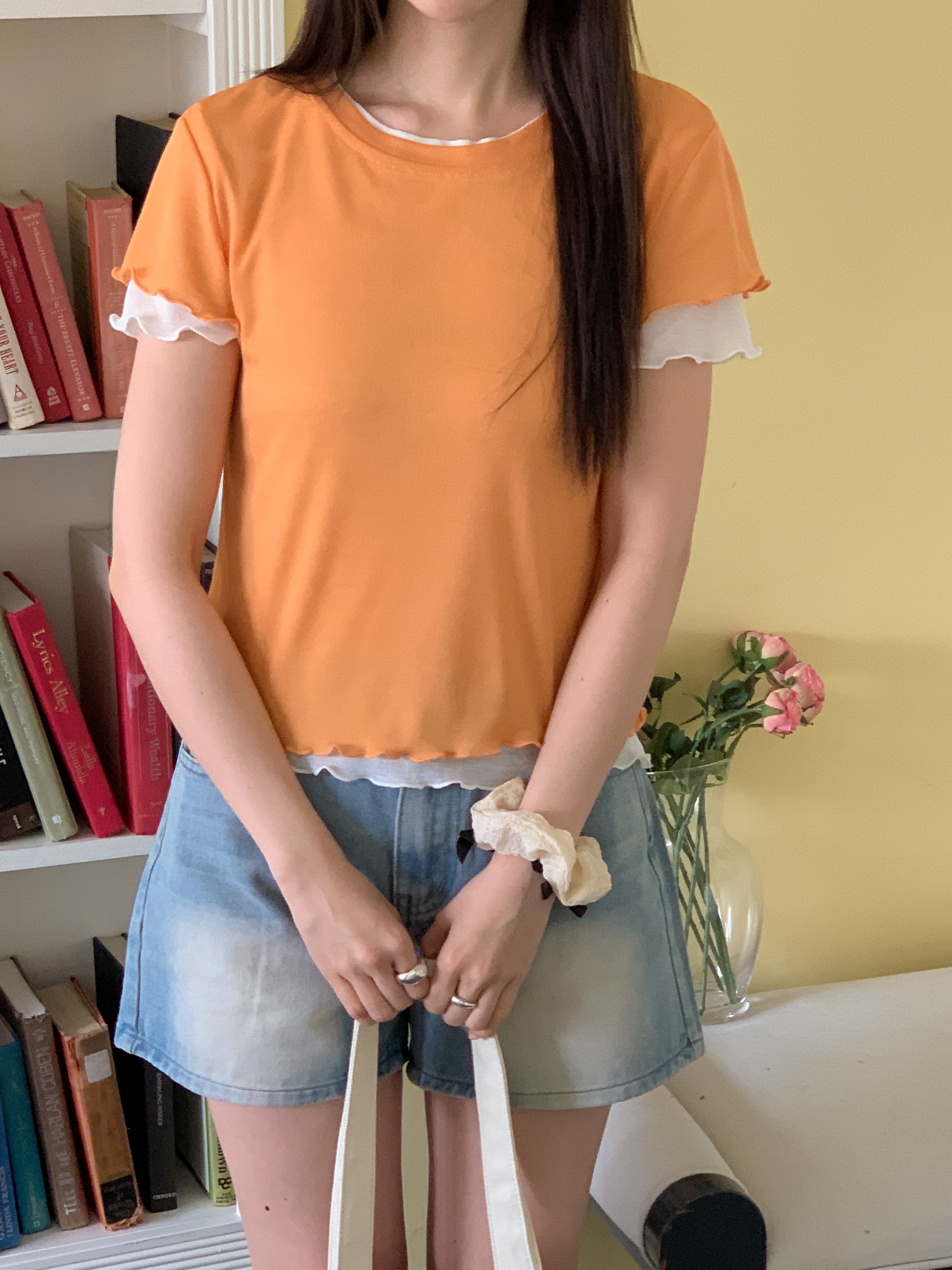 ラウンドネックメロウレイヤード風ルーズアンバランス半袖配色Tシャツ | 詳細画像18
