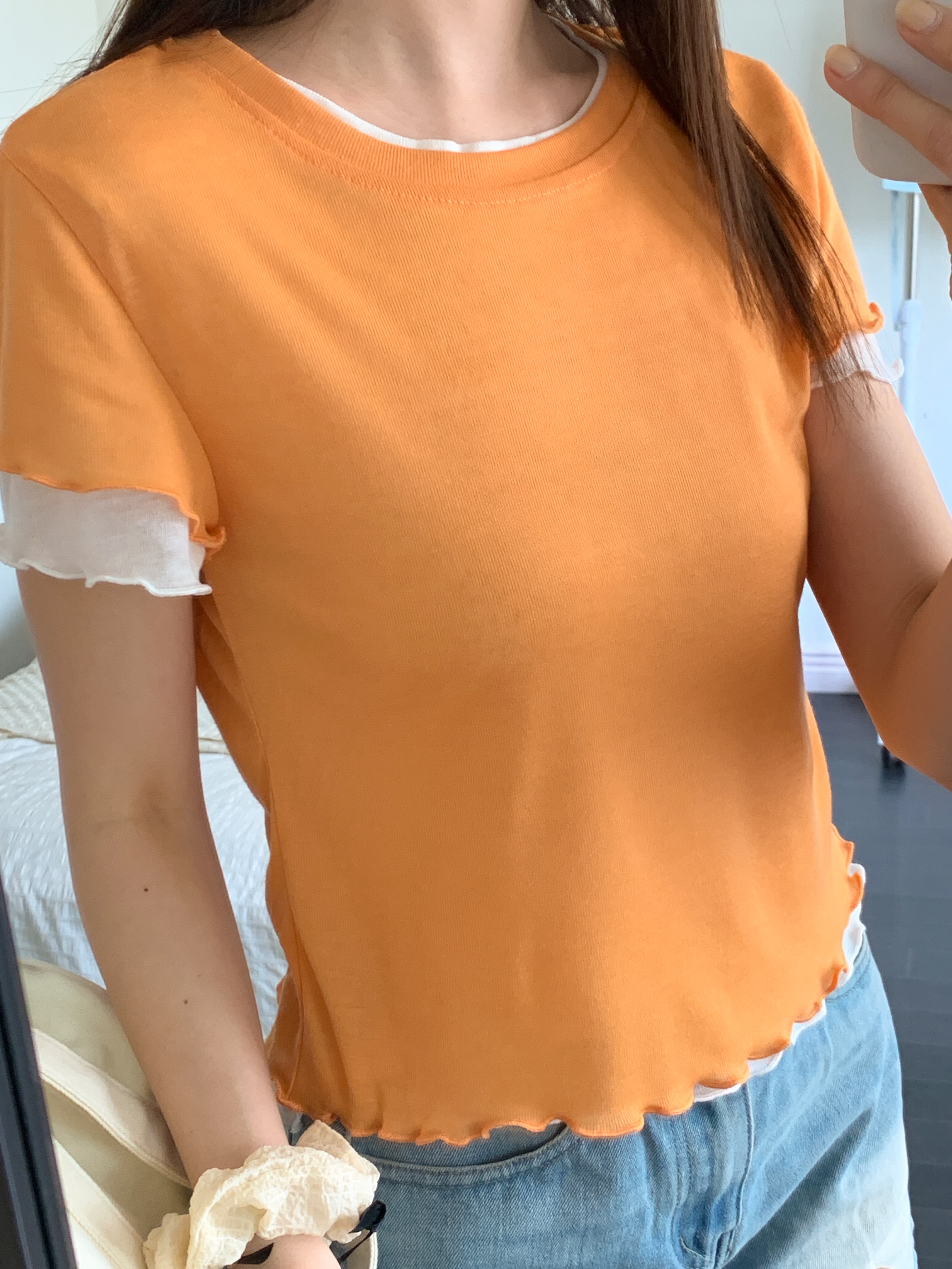 ラウンドネックメロウレイヤード風ルーズアンバランス半袖配色Tシャツ | 詳細画像19