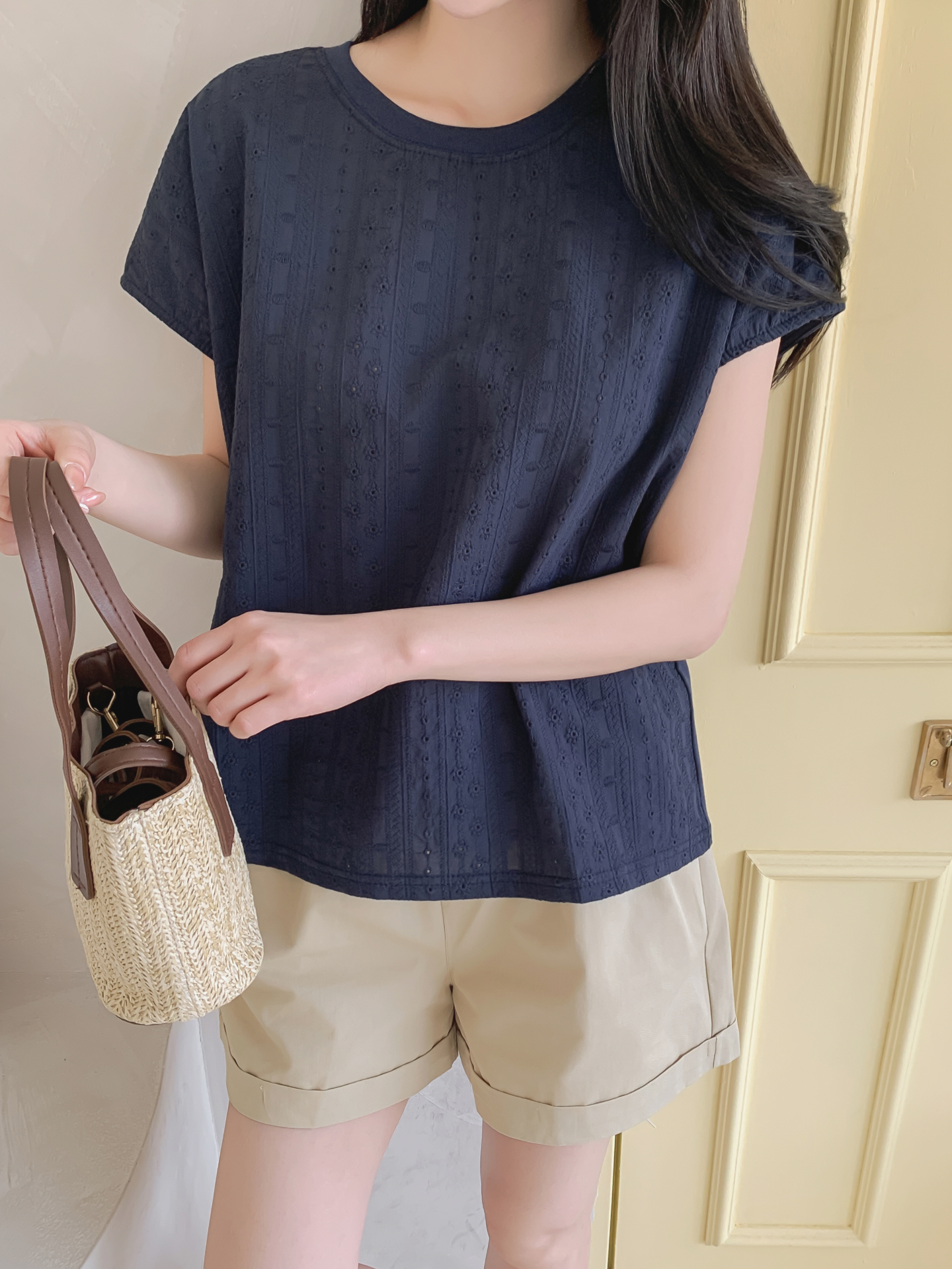 ラウンドネックフレンチスリーブルーズ半袖レースTシャツ | 詳細画像3