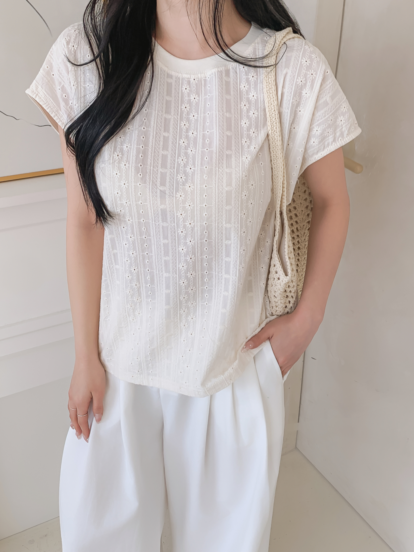ラウンドネックフレンチスリーブルーズ半袖レースTシャツ | 詳細画像17