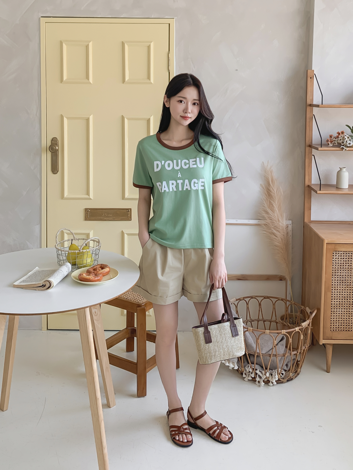 ラウンドネックベーシック半袖レタリング配色ラインTシャツ | 詳細画像15