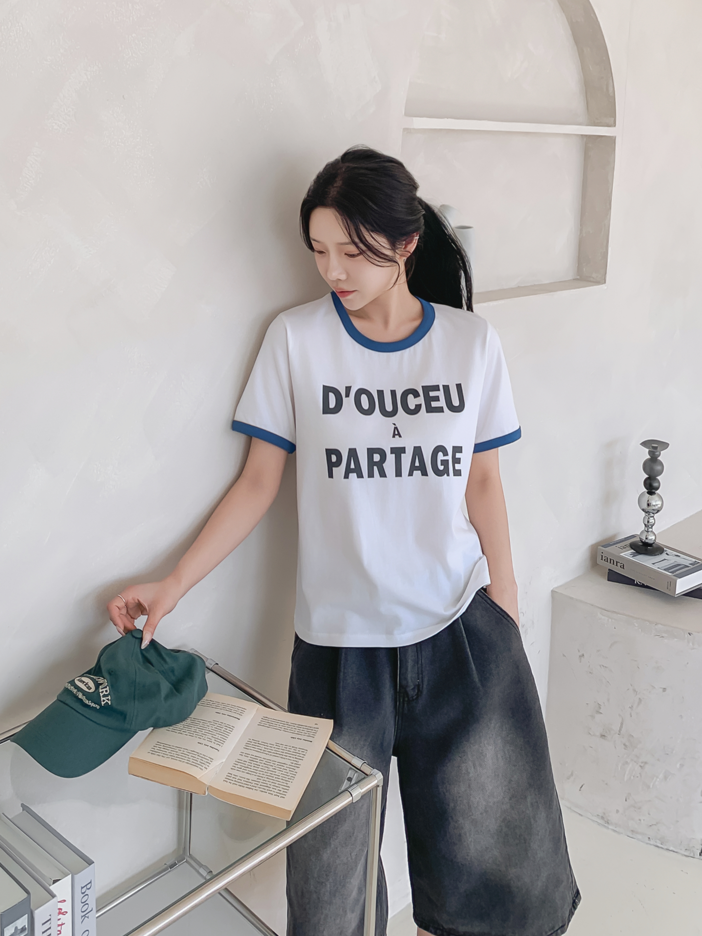 ラウンドネックベーシック半袖レタリング配色ラインTシャツ | 詳細画像3