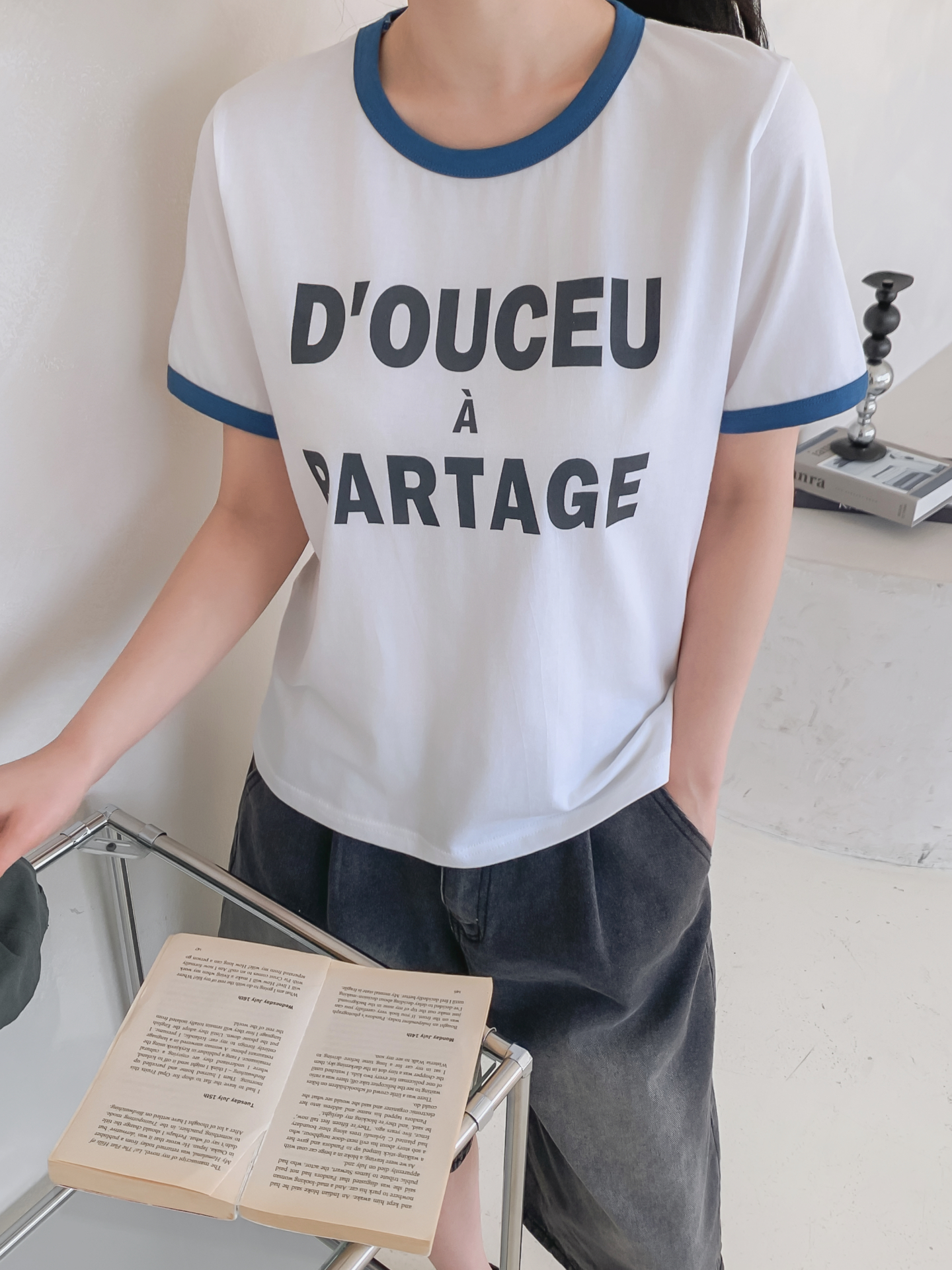 ラウンドネックベーシック半袖レタリング配色ラインTシャツ | 詳細画像13