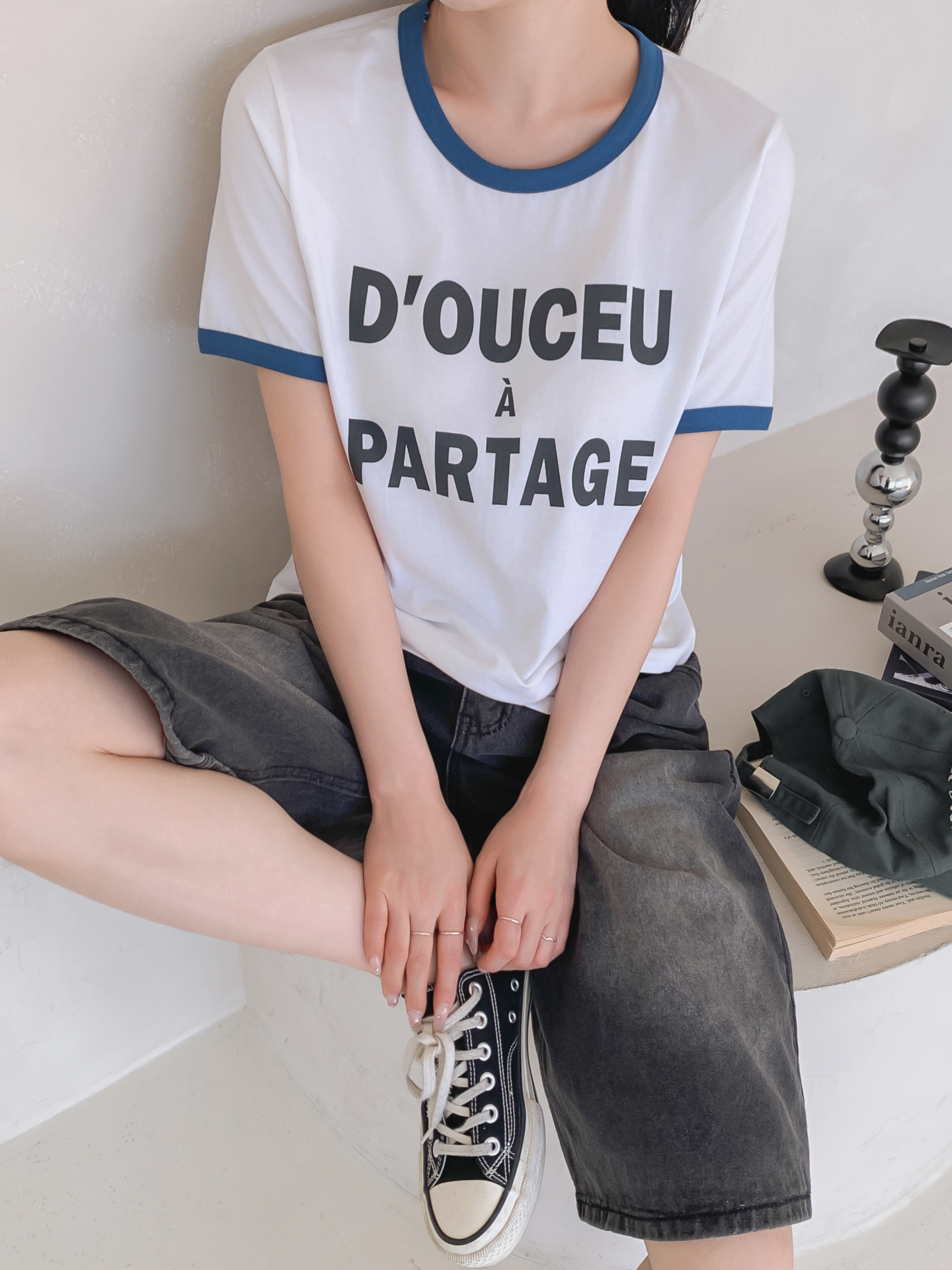ラウンドネックベーシック半袖レタリング配色ラインTシャツ | 詳細画像14
