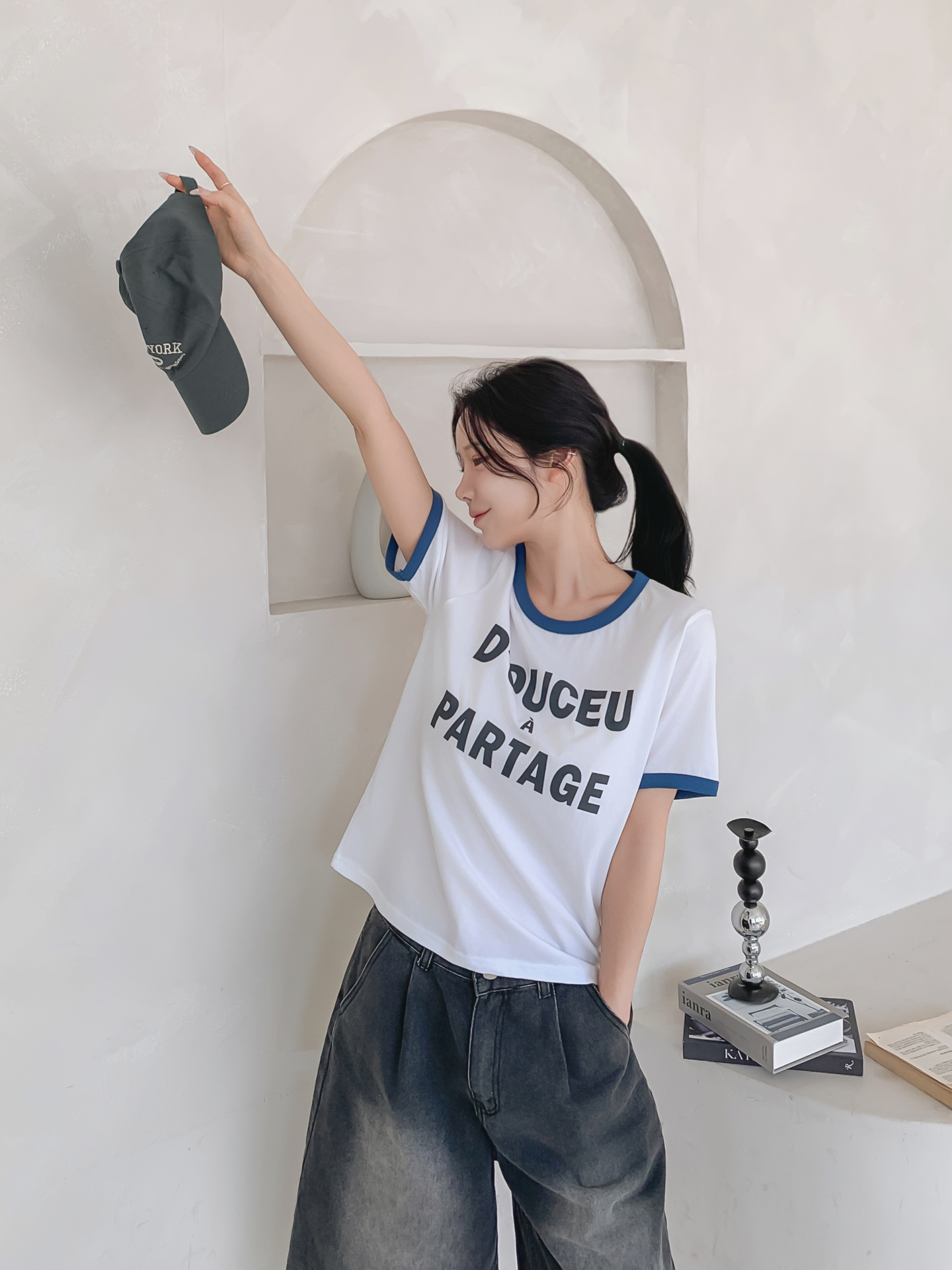 ラウンドネックベーシック半袖レタリング配色ラインTシャツ | 詳細画像9