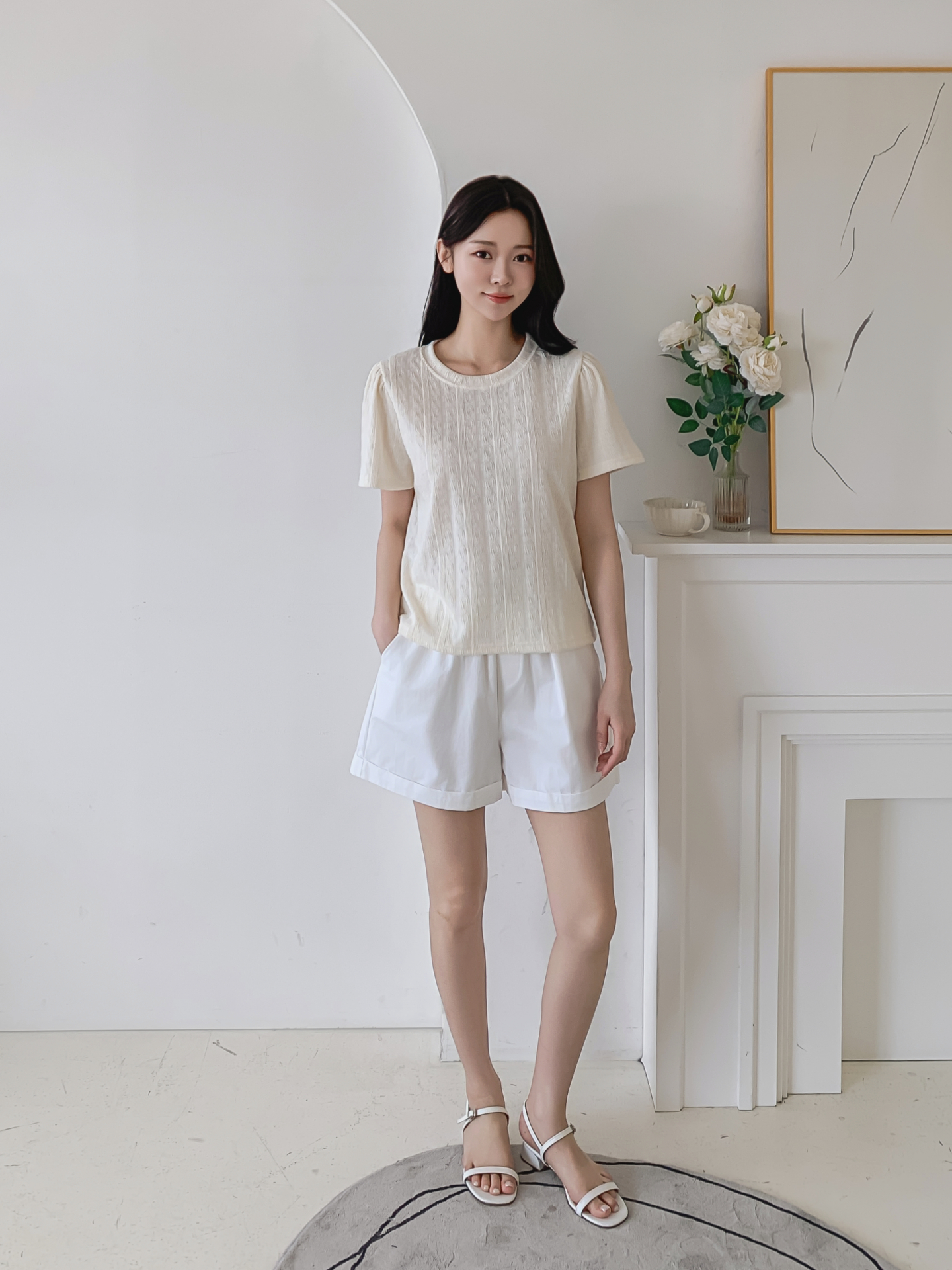 ラウンドネックパフスリーブ半袖ギャザーケーブルブラウス | 詳細画像2