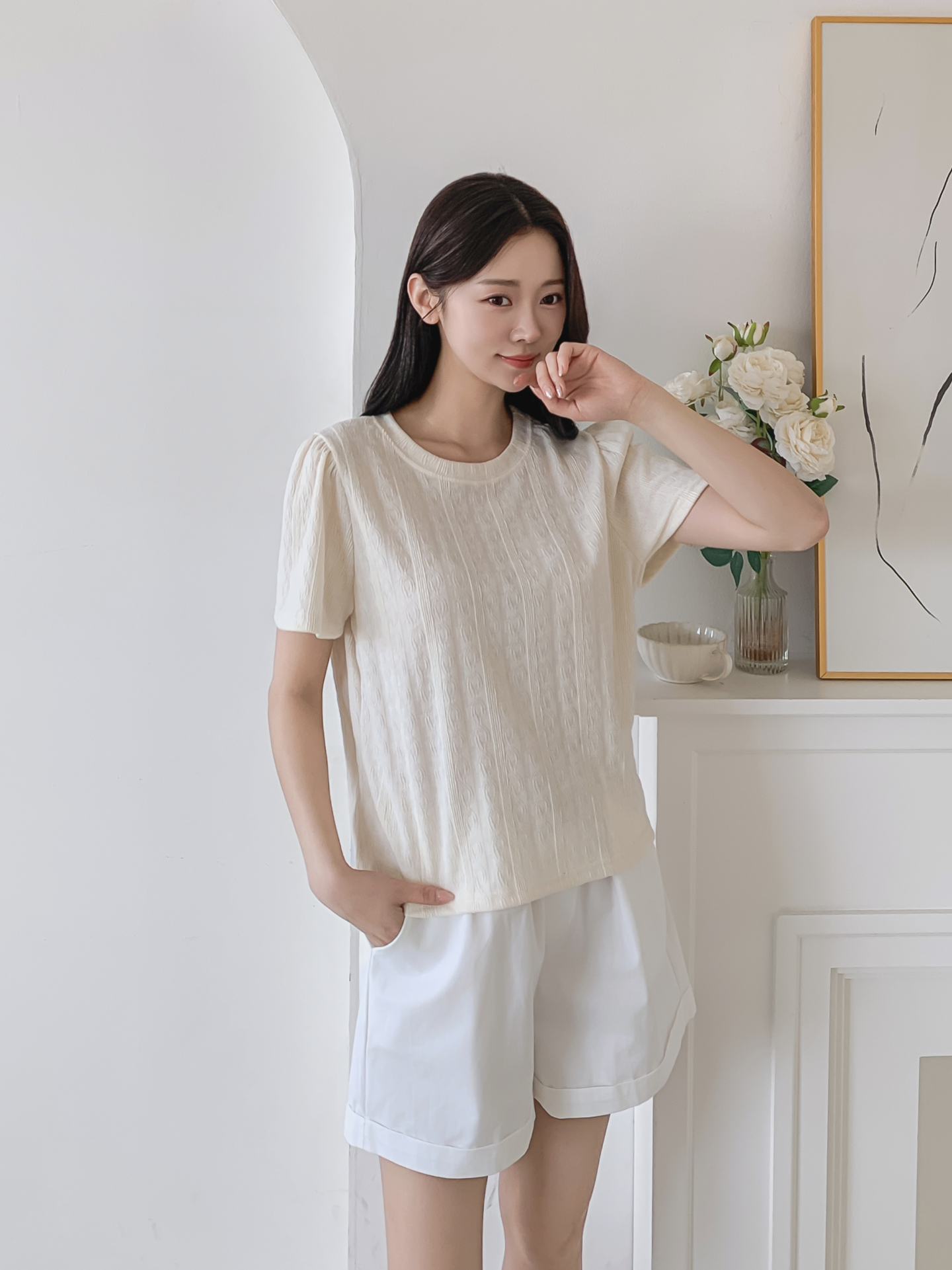 ラウンドネックパフスリーブ半袖ギャザーケーブルブラウス | 詳細画像3