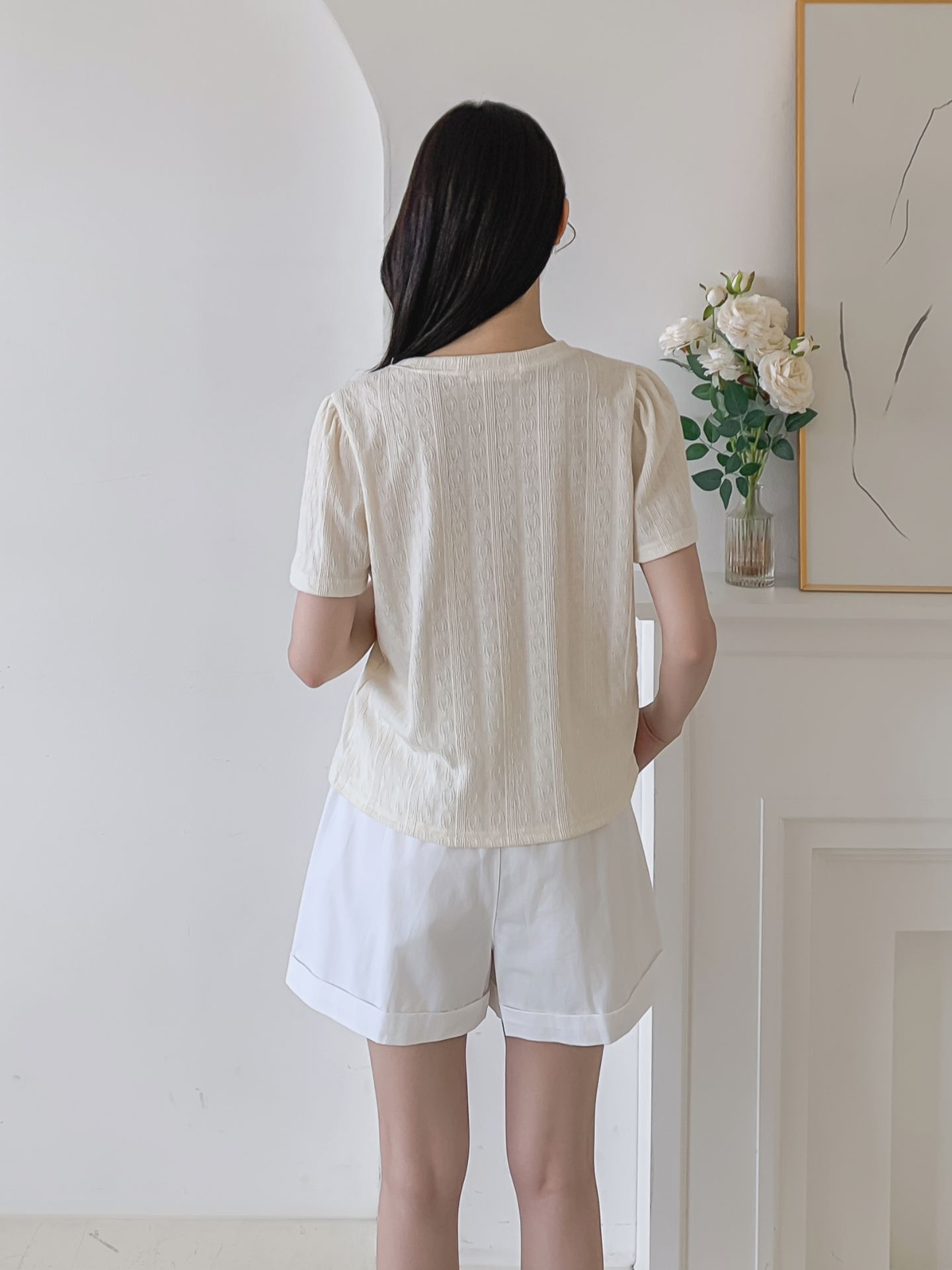 ラウンドネックパフスリーブ半袖ギャザーケーブルブラウス | 詳細画像5