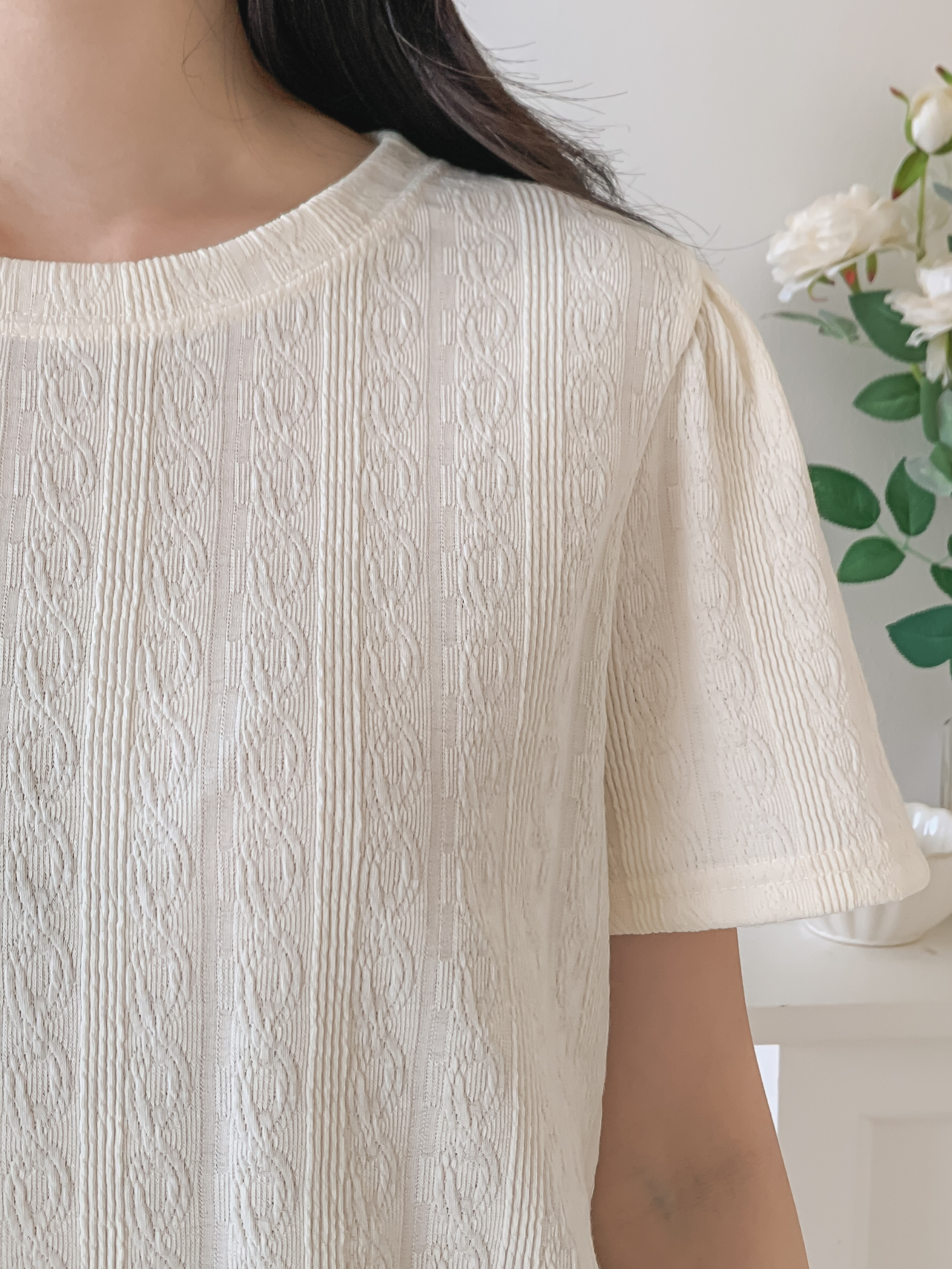 ラウンドネックパフスリーブ半袖ギャザーケーブルブラウス | 詳細画像6