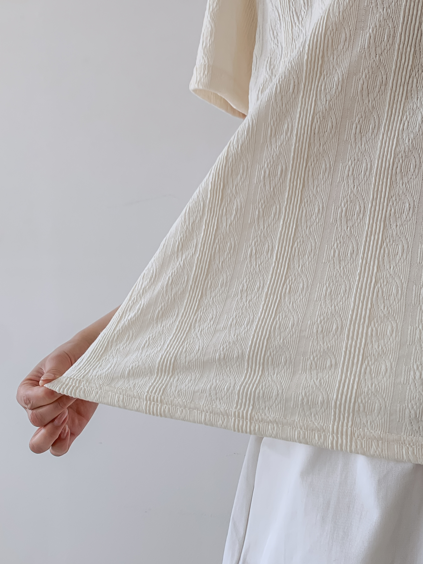 ラウンドネックパフスリーブ半袖ギャザーケーブルブラウス | 詳細画像7