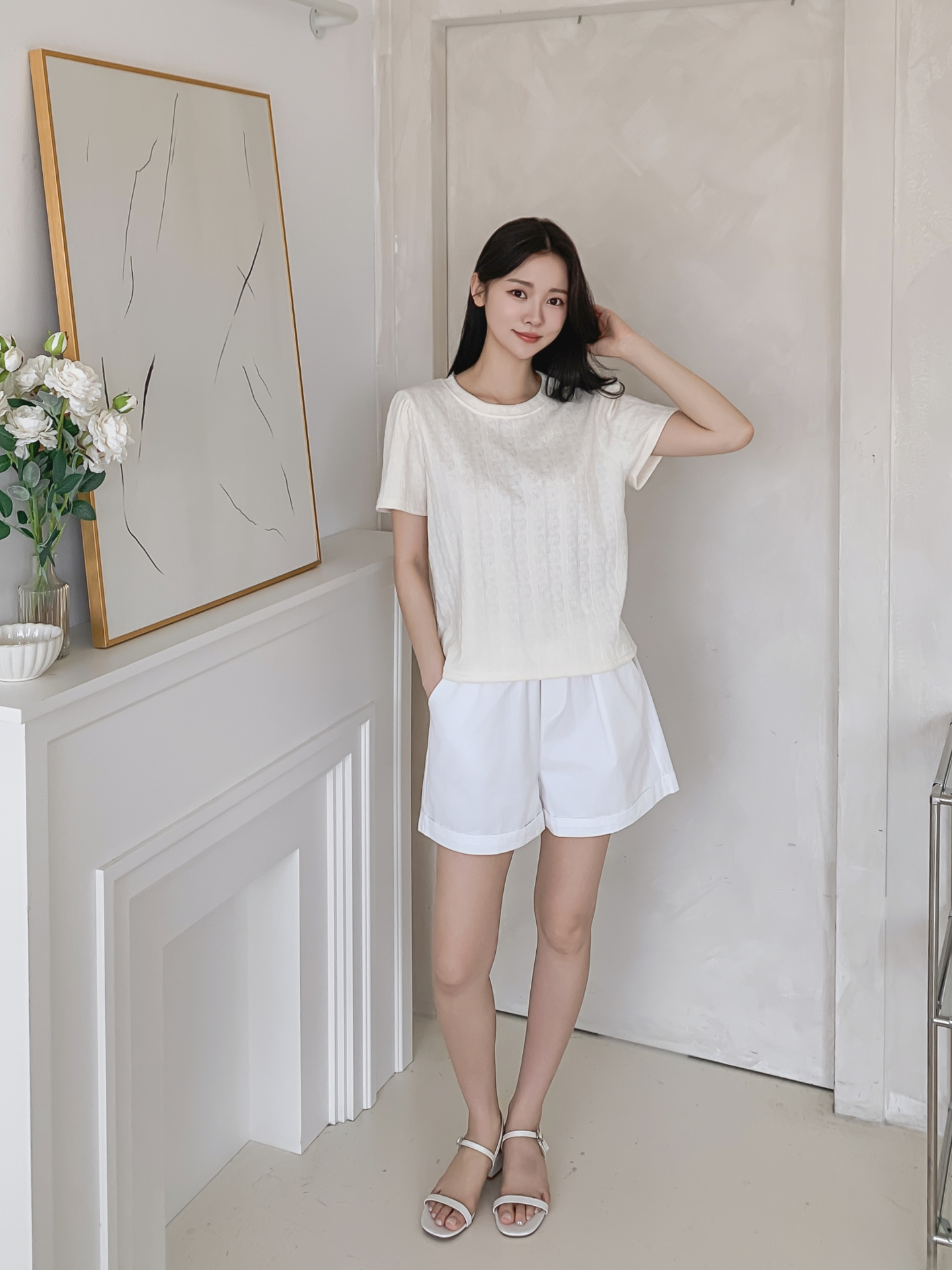 ラウンドネックパフスリーブ半袖ギャザーケーブルブラウス | 詳細画像8