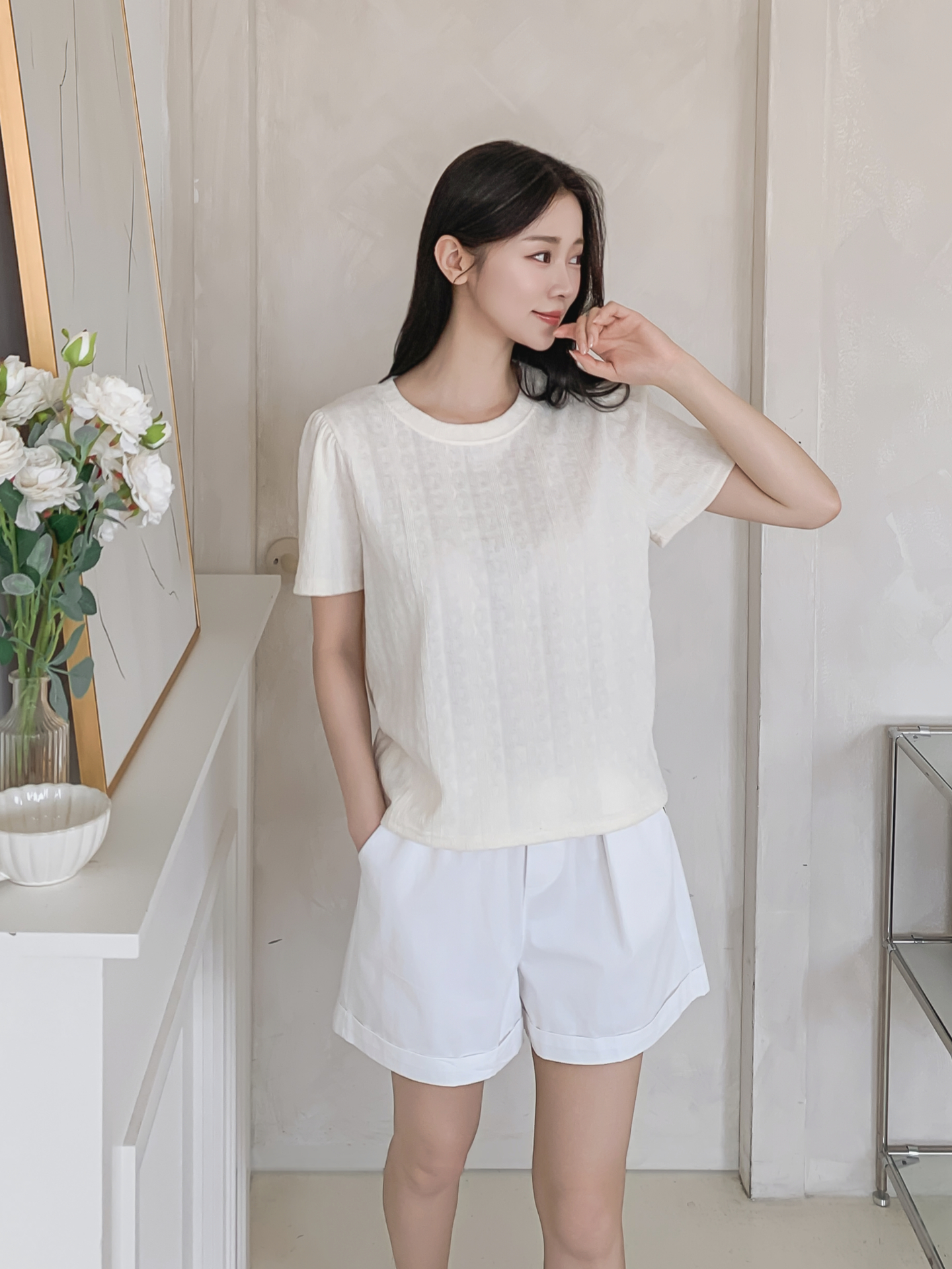 ラウンドネックパフスリーブ半袖ギャザーケーブルブラウス | 詳細画像9