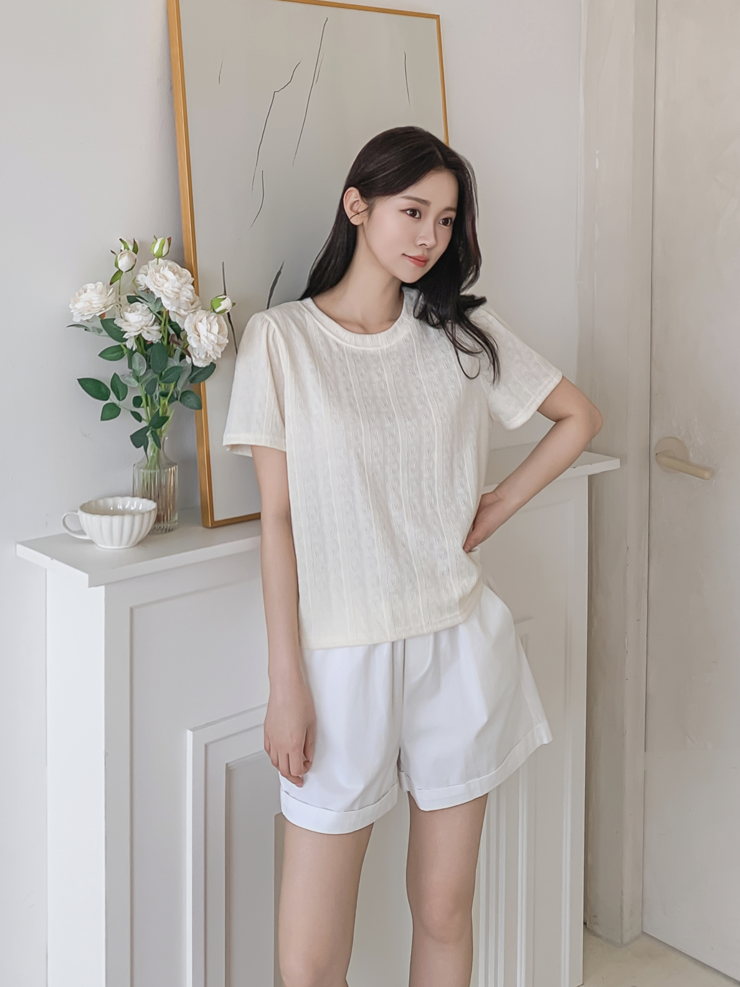 ラウンドネックパフスリーブ半袖ギャザーケーブルブラウス | 詳細画像10