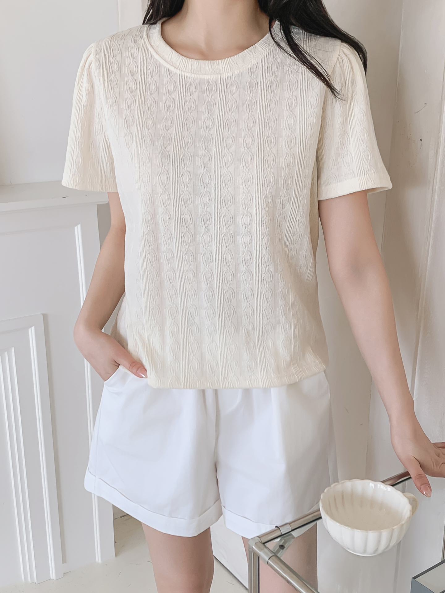 ラウンドネックパフスリーブ半袖ギャザーケーブルブラウス | 詳細画像13