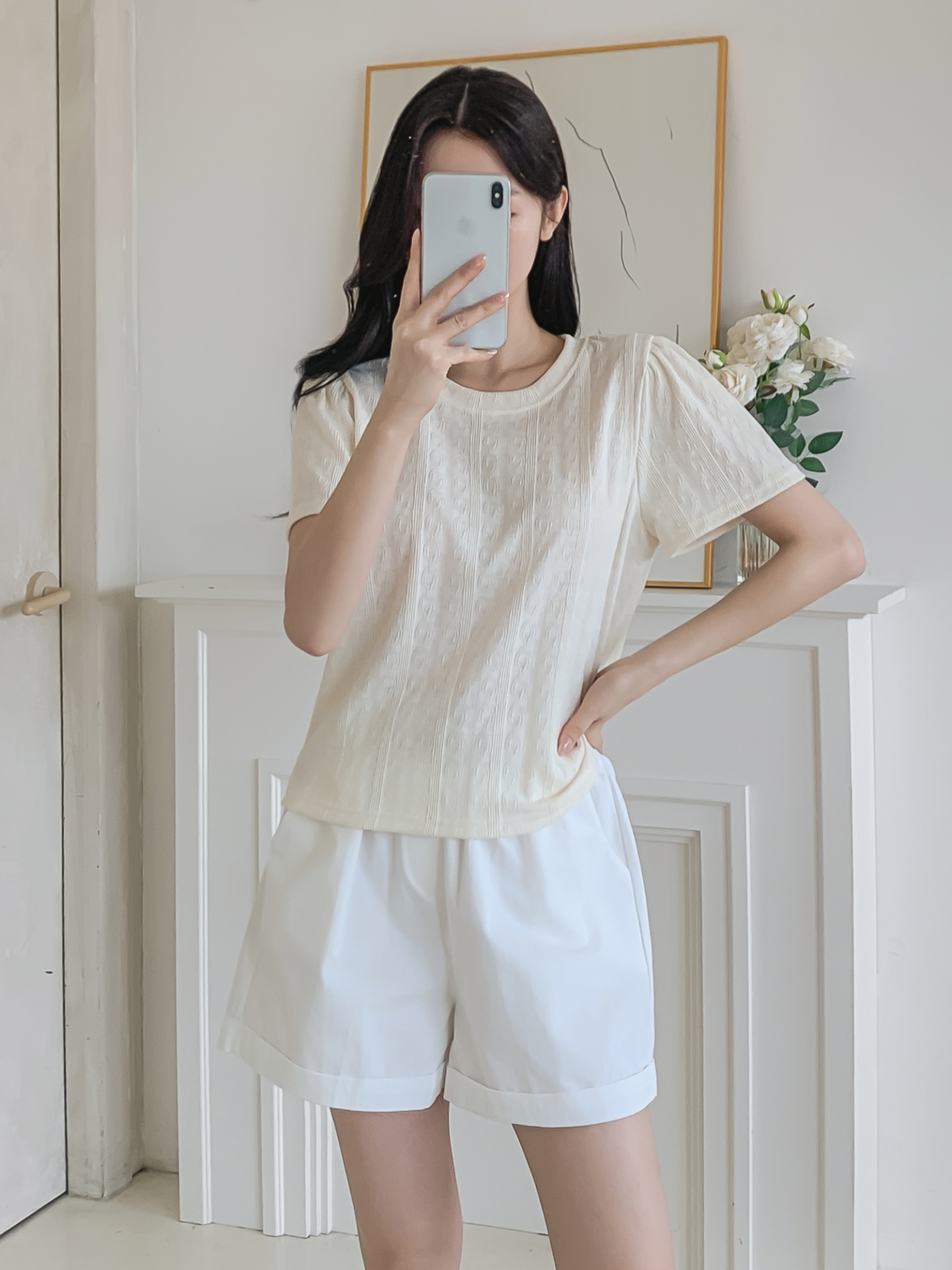 ラウンドネックパフスリーブ半袖ギャザーケーブルブラウス | 詳細画像14