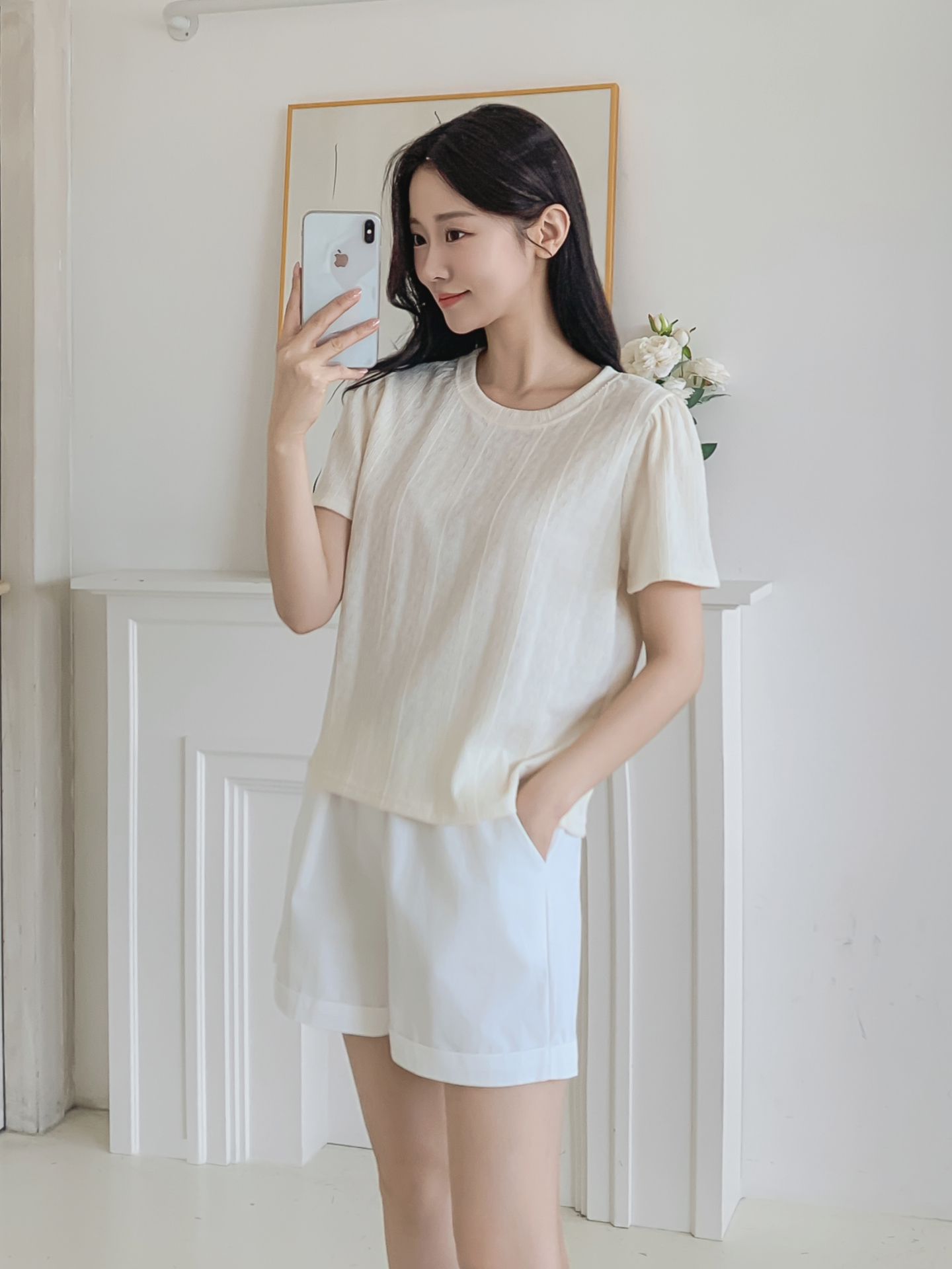 ラウンドネックパフスリーブ半袖ギャザーケーブルブラウス | 詳細画像15