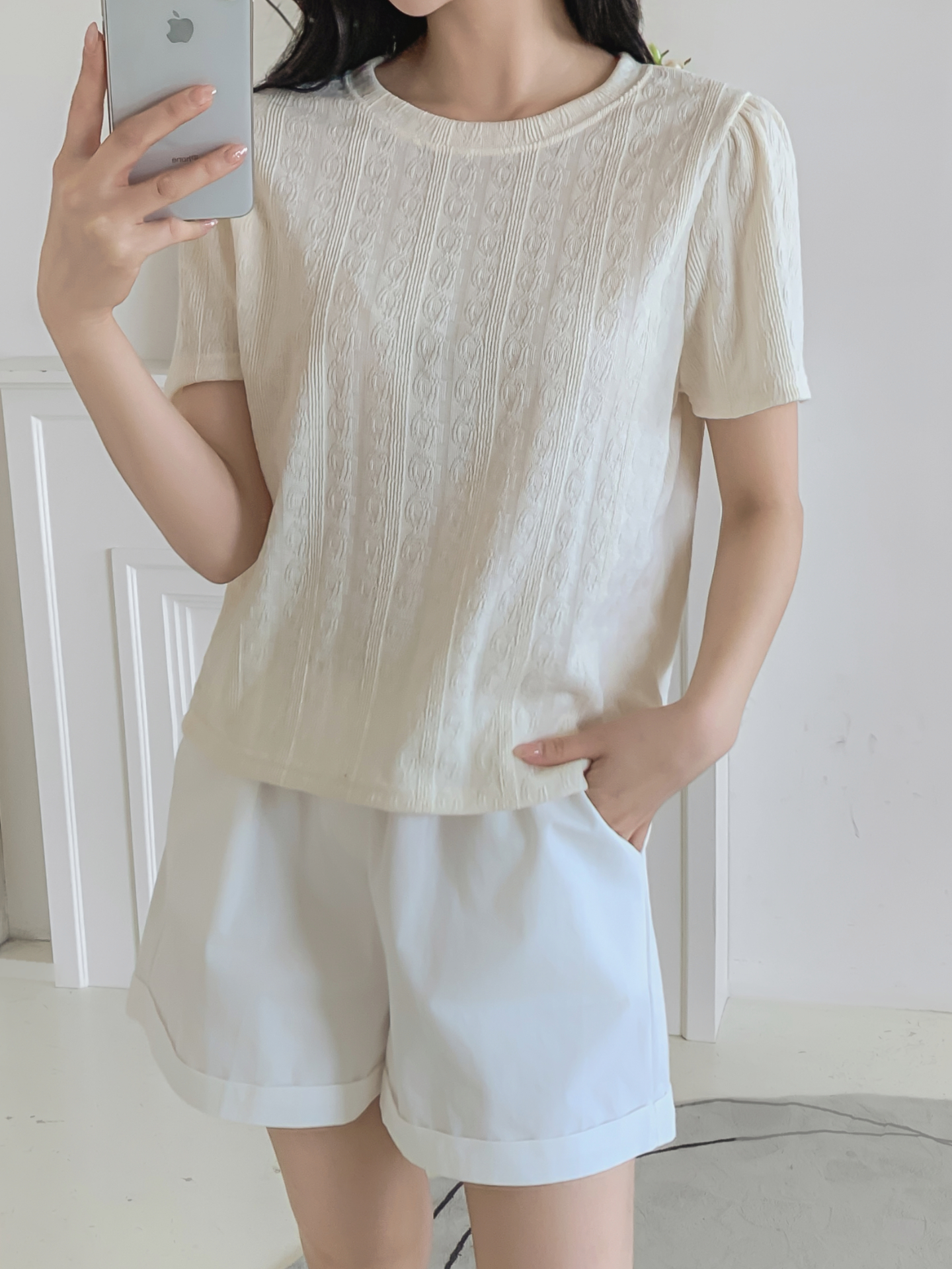 ラウンドネックパフスリーブ半袖ギャザーケーブルブラウス | 詳細画像16