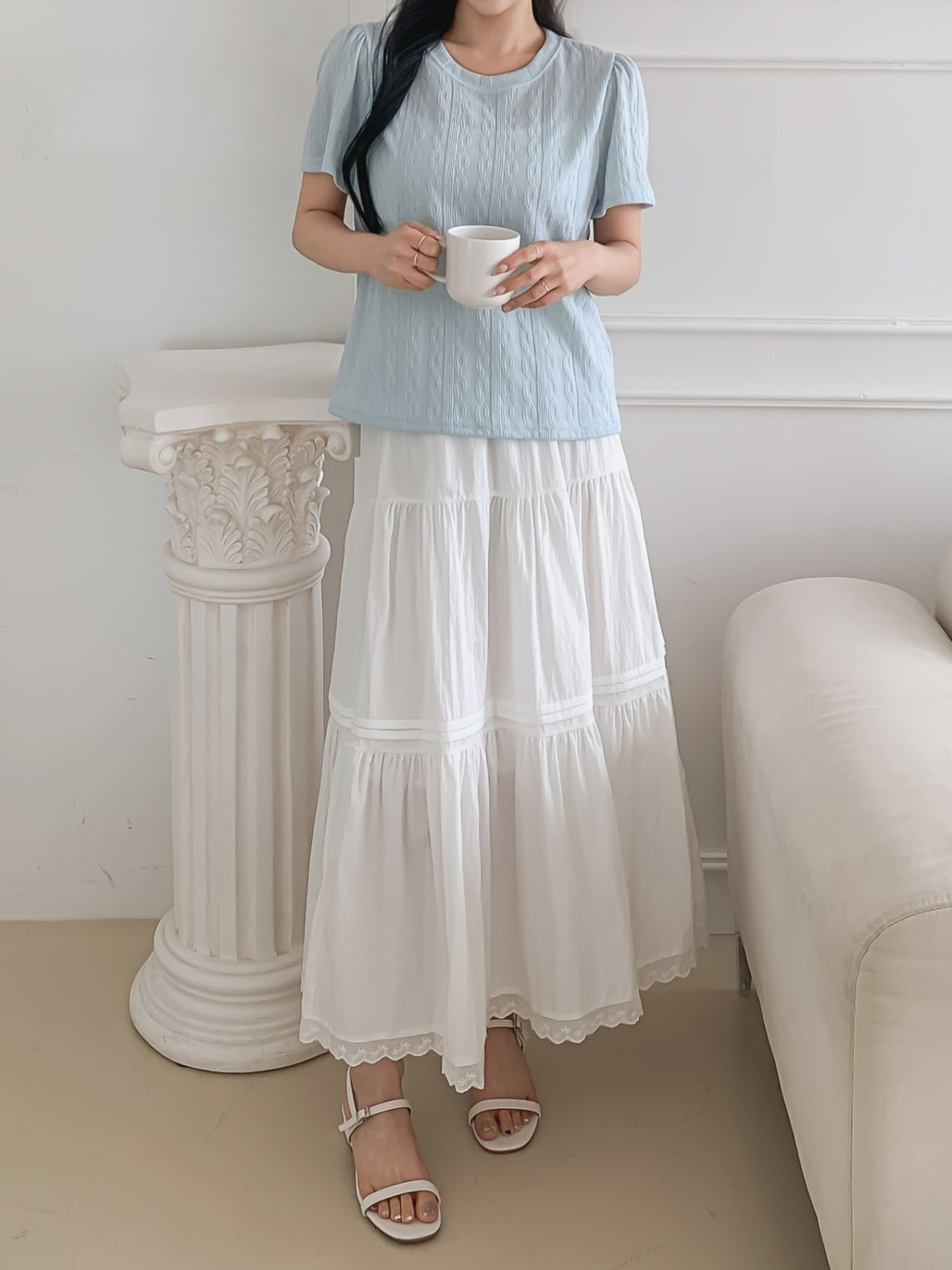 ラウンドネックパフスリーブ半袖ギャザーケーブルブラウス | 詳細画像17