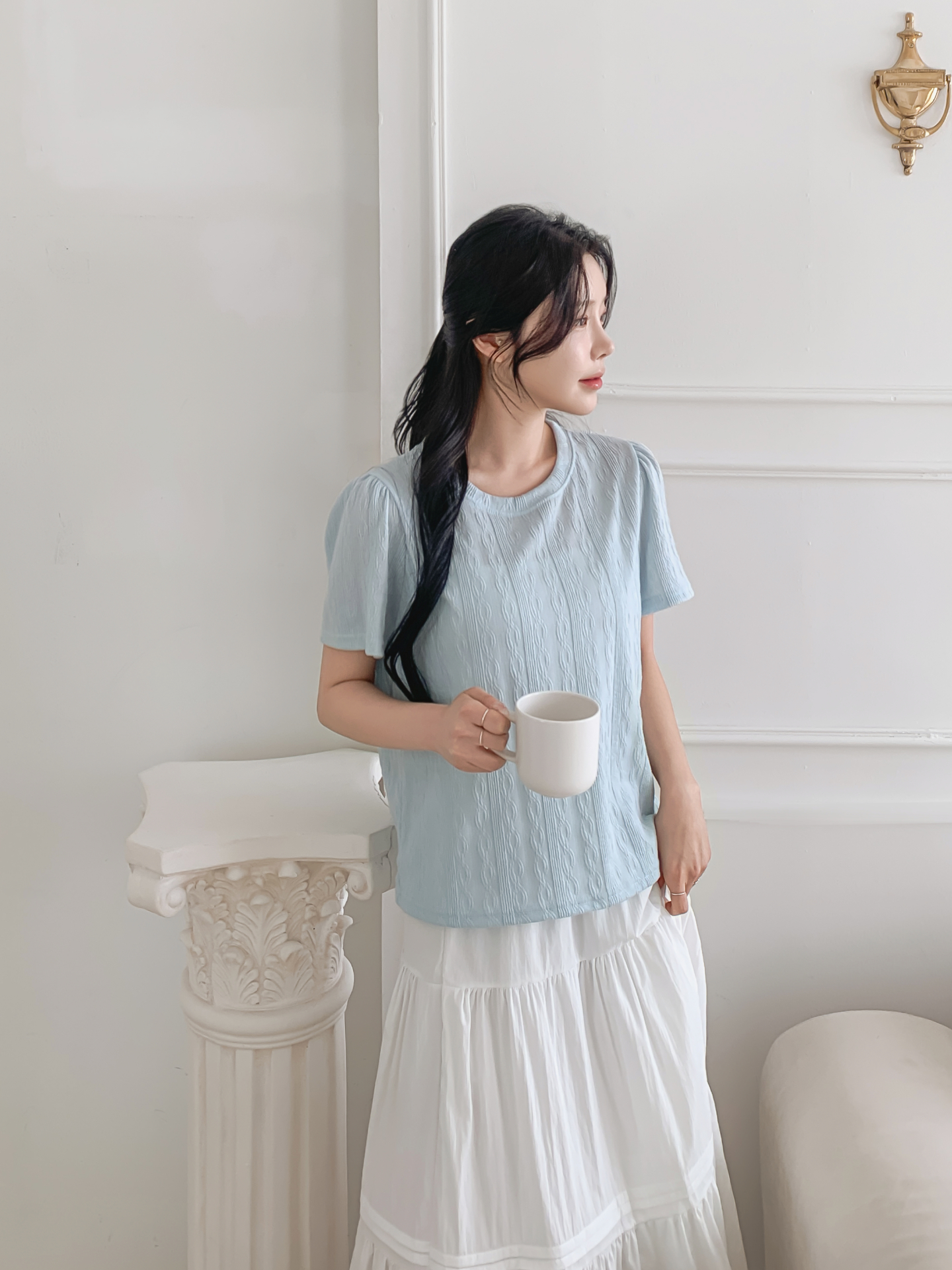 ラウンドネックパフスリーブ半袖ギャザーケーブルブラウス | 詳細画像18