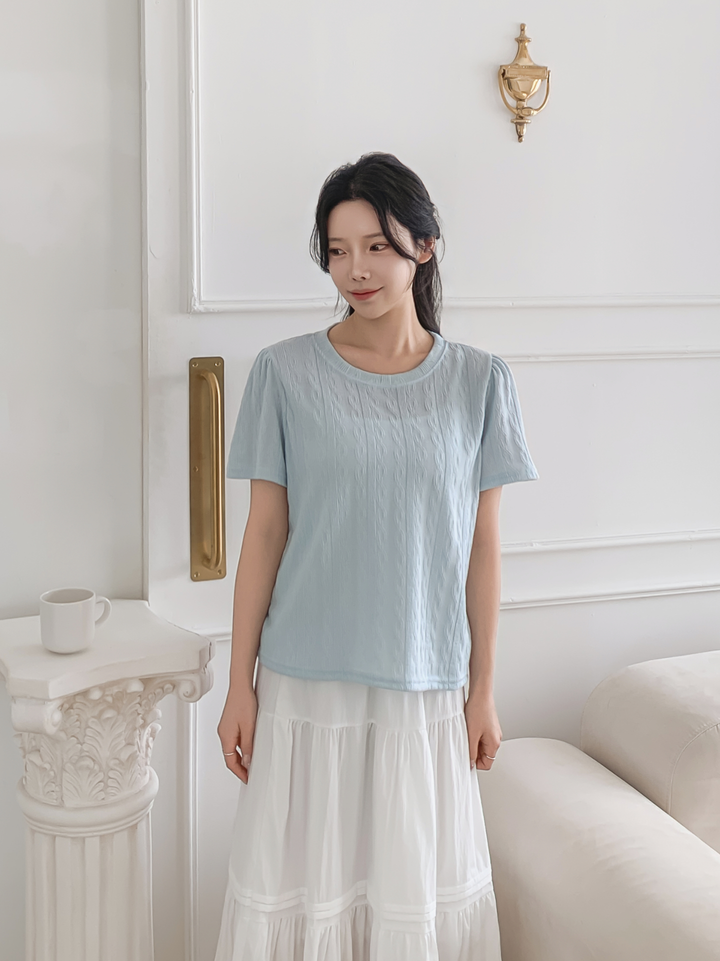 ラウンドネックパフスリーブ半袖ギャザーケーブルブラウス | 詳細画像19