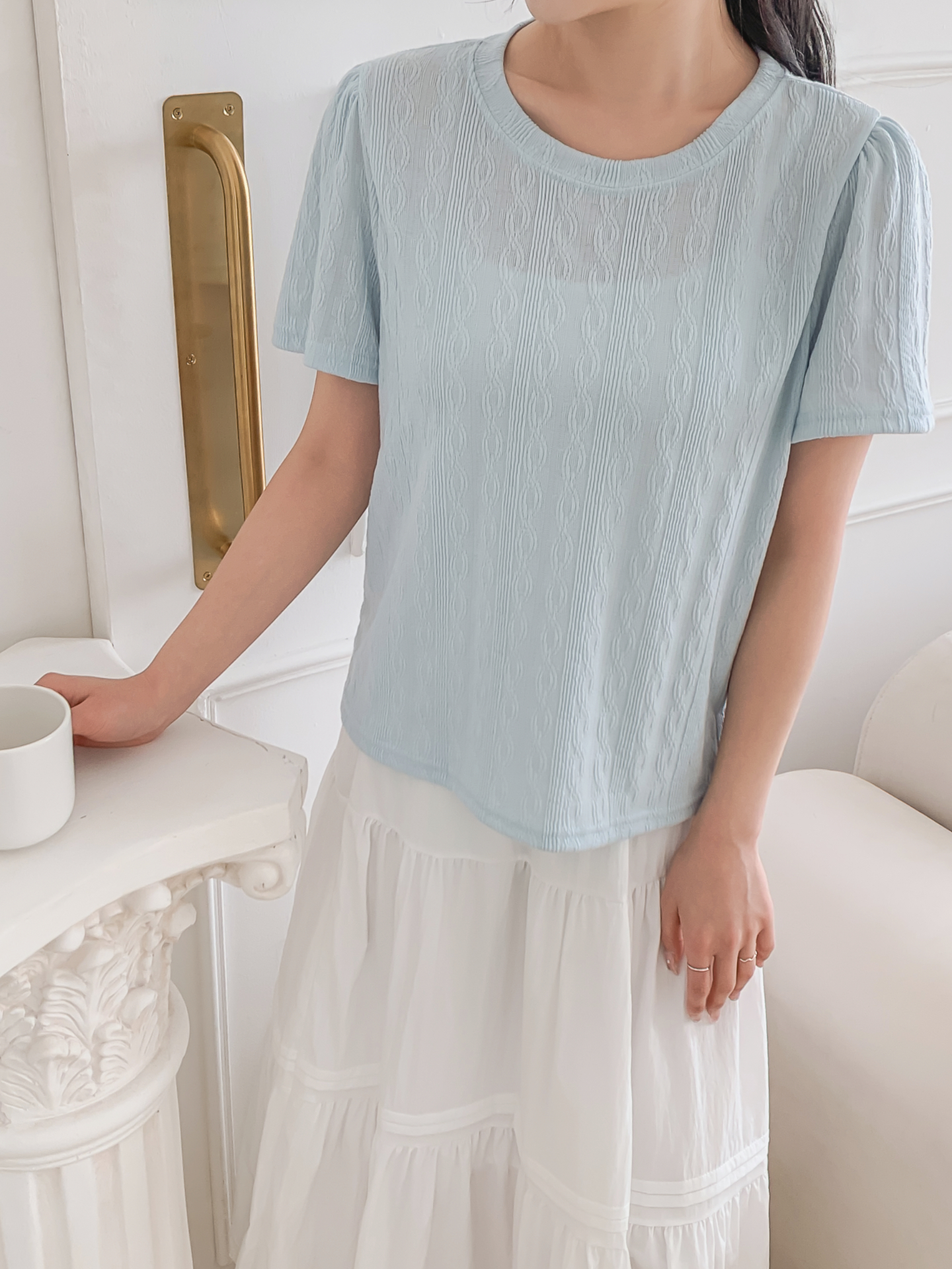 ラウンドネックパフスリーブ半袖ギャザーケーブルブラウス | 詳細画像20