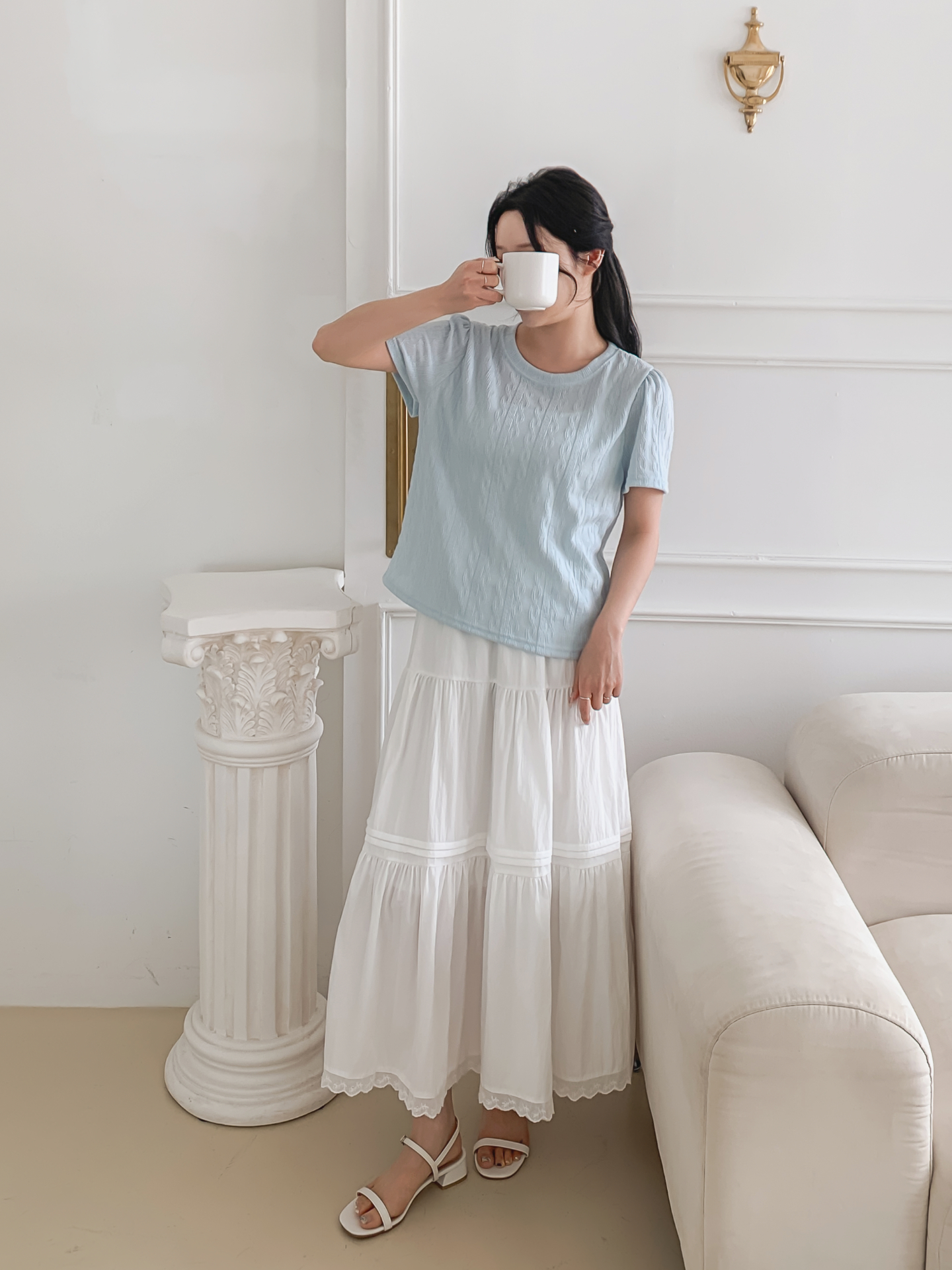 ラウンドネックパフスリーブ半袖ギャザーケーブルブラウス | 詳細画像21