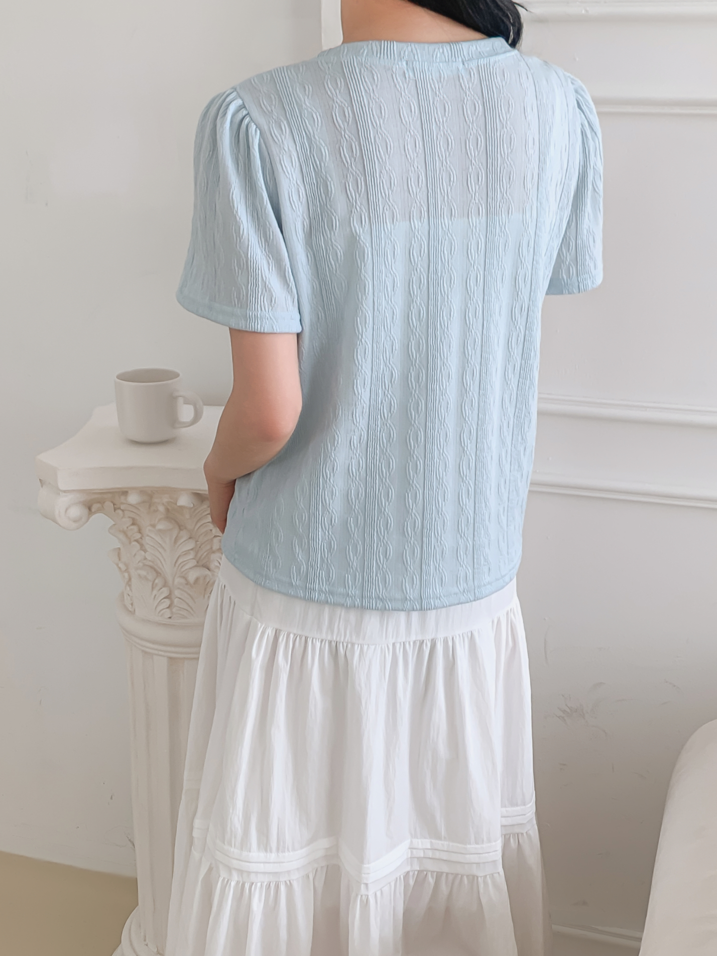 ラウンドネックパフスリーブ半袖ギャザーケーブルブラウス | 詳細画像22